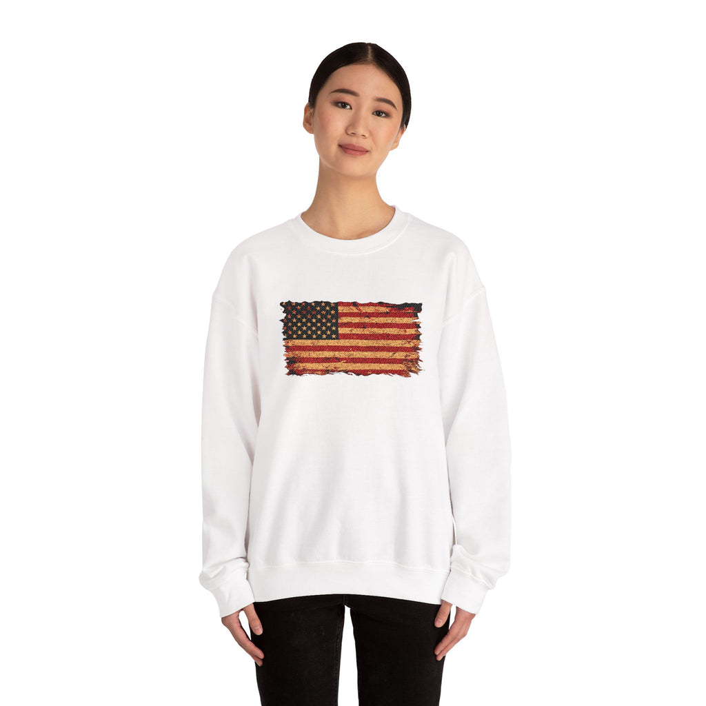 Distressed Flag Crewneck Sweatshirt — Embroidered Vintage American Flag Pullover