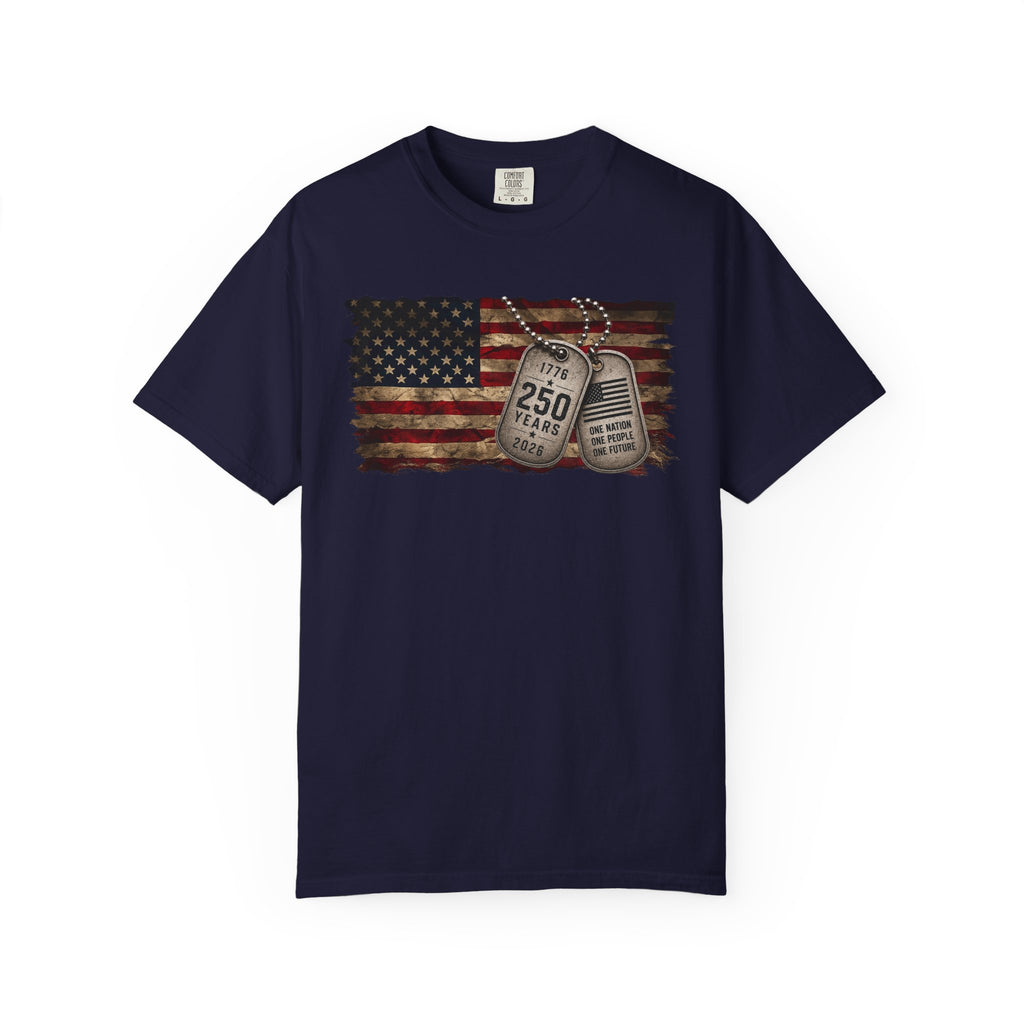 250 Years of Freedom Distressed Flag T-Shirt — One Nation, One People, One Future