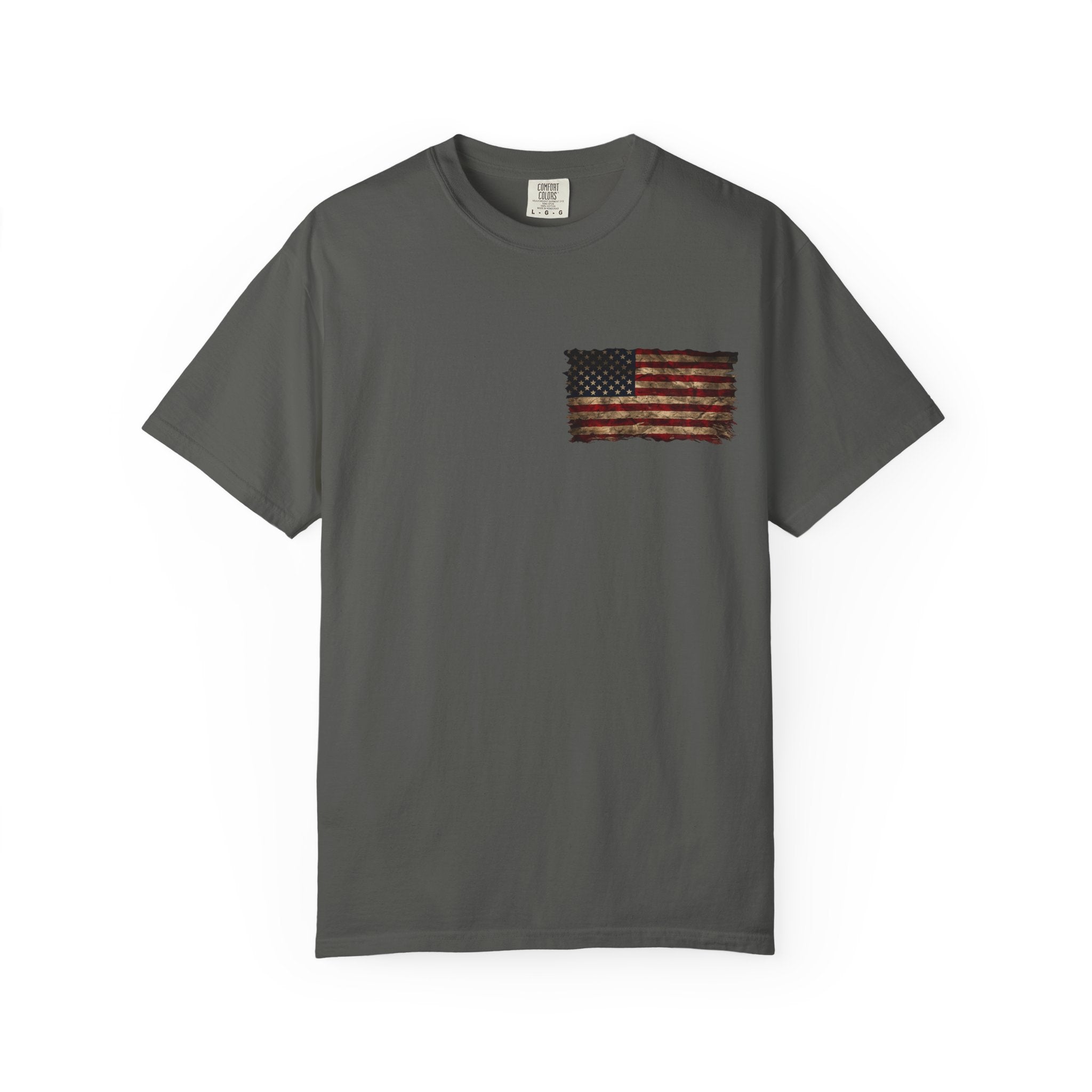 Veteran T-Shirt — Distressed Flag Left Chest & "My Oath Never Expired" Back