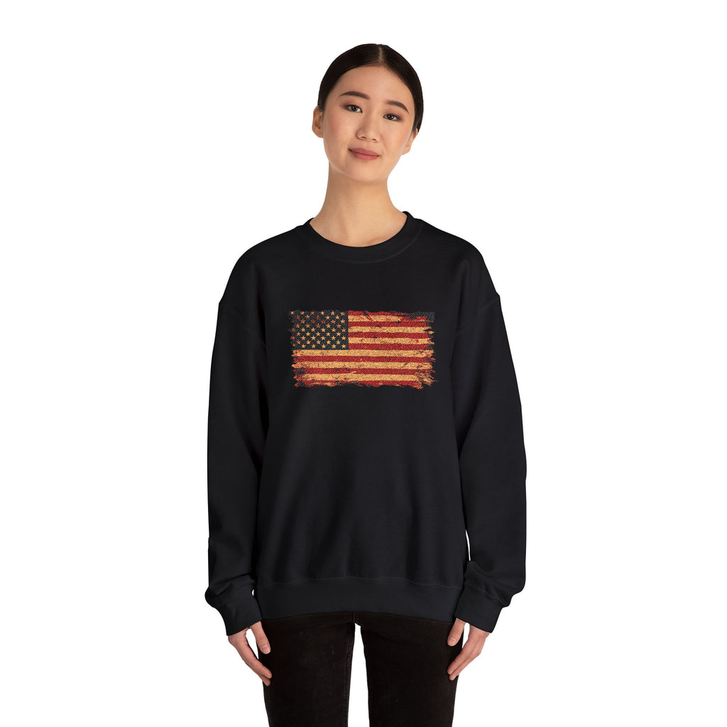 Distressed Flag Crewneck Sweatshirt — Embroidered Vintage American Flag Pullover