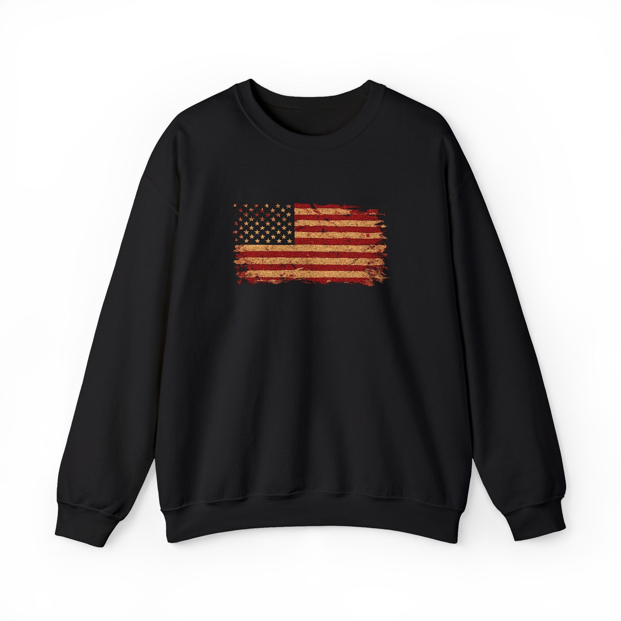 Distressed Flag Crewneck Sweatshirt — Embroidered Vintage American Flag Pullover