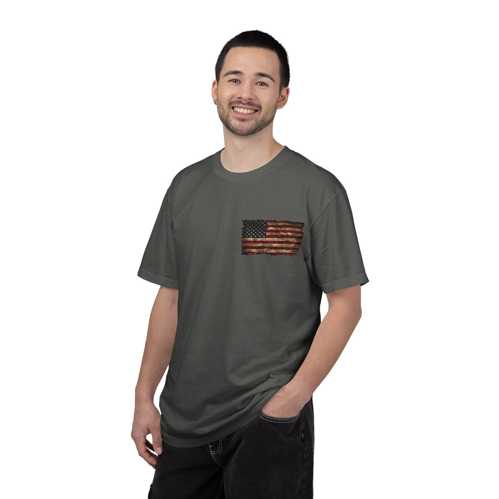 Veteran T-Shirt — Distressed Flag Left Chest & "My Oath Never Expired" Back