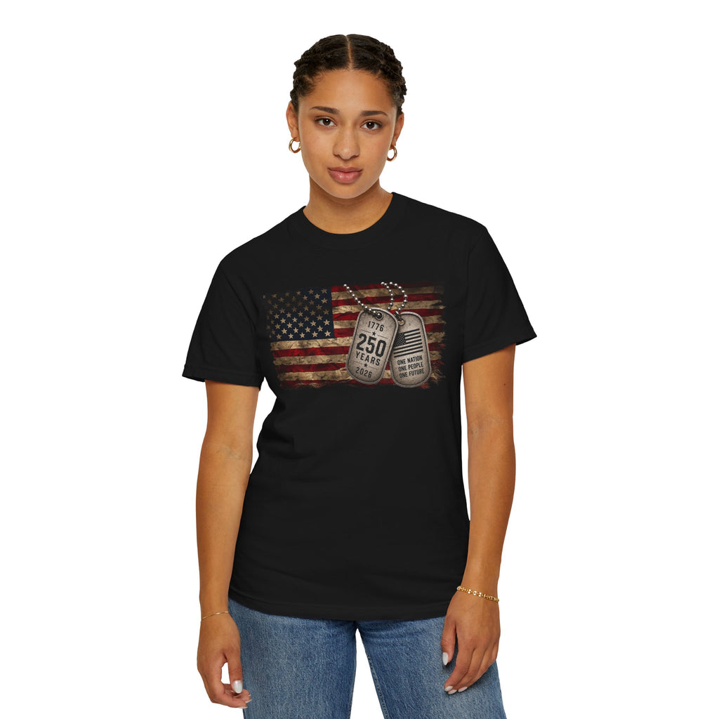 250 Years of Freedom Distressed Flag T-Shirt — One Nation, One People, One Future