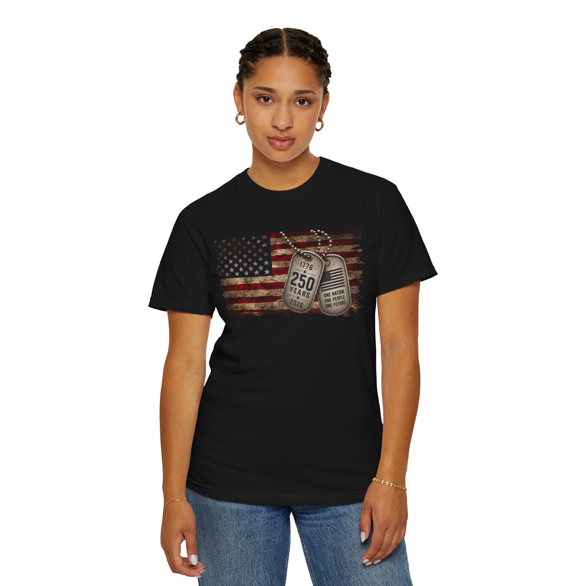 250 Years of Freedom Distressed Flag T-Shirt — One Nation, One People, One Future