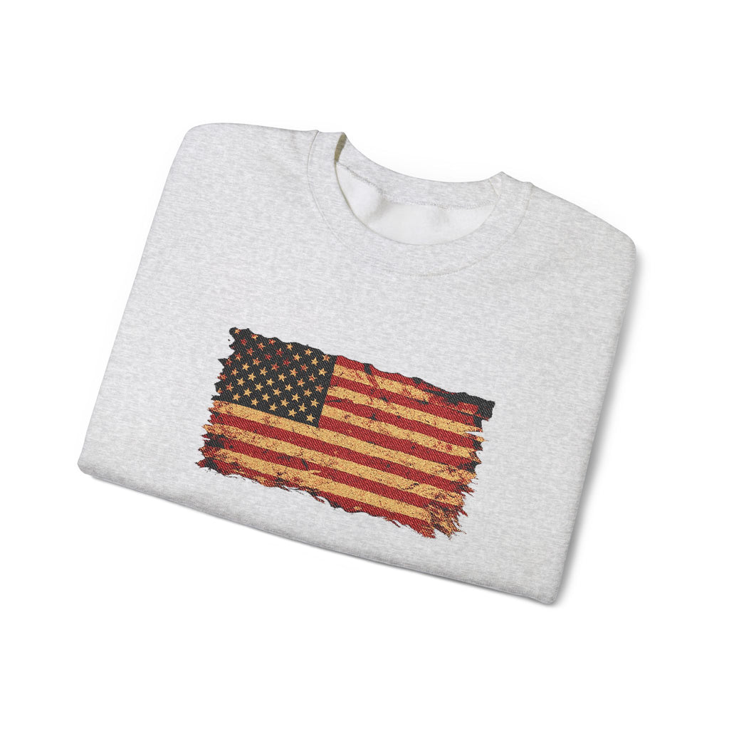 Distressed Flag Crewneck Sweatshirt — Embroidered Vintage American Flag Pullover