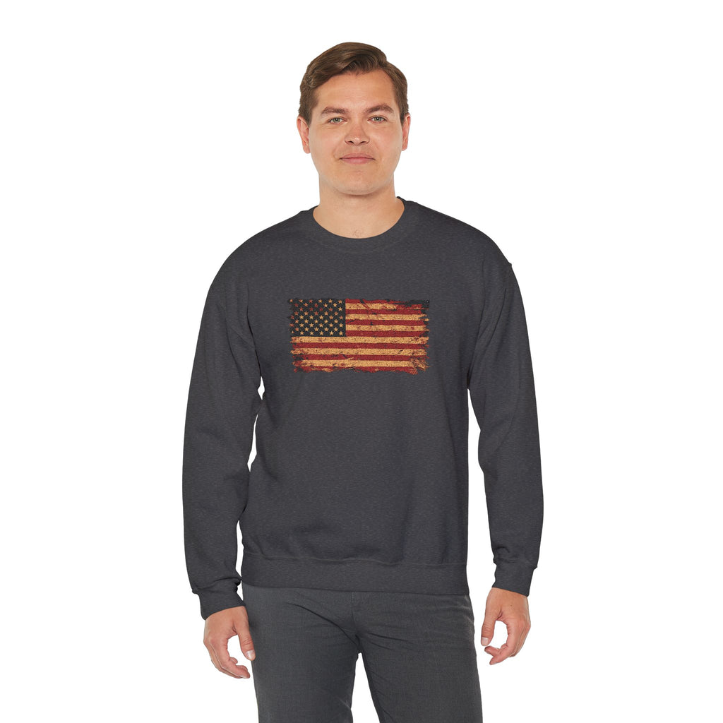 Distressed Flag Crewneck Sweatshirt — Embroidered Vintage American Flag Pullover
