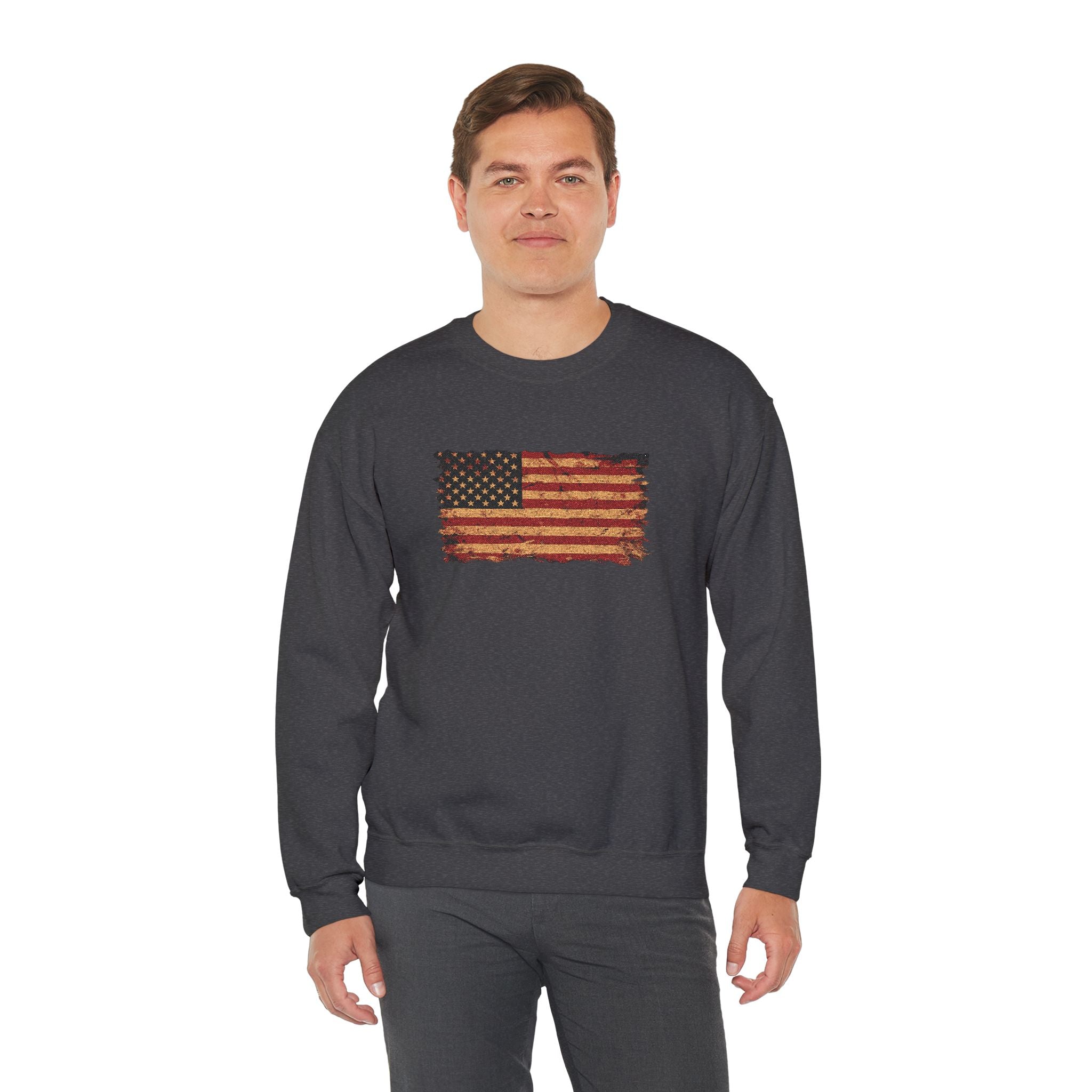 Distressed Flag Crewneck Sweatshirt — Embroidered Vintage American Flag Pullover
