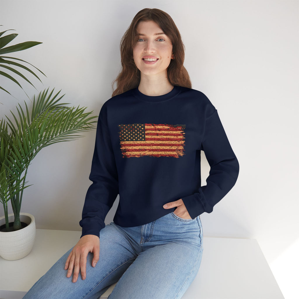 Distressed Flag Crewneck Sweatshirt — Embroidered Vintage American Flag Pullover