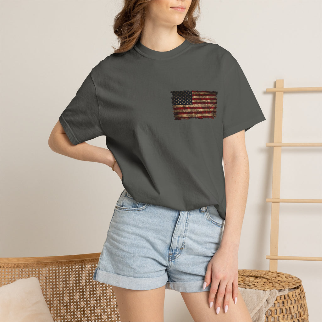 Veteran T-Shirt — Distressed Flag Left Chest & "My Oath Never Expired" Back