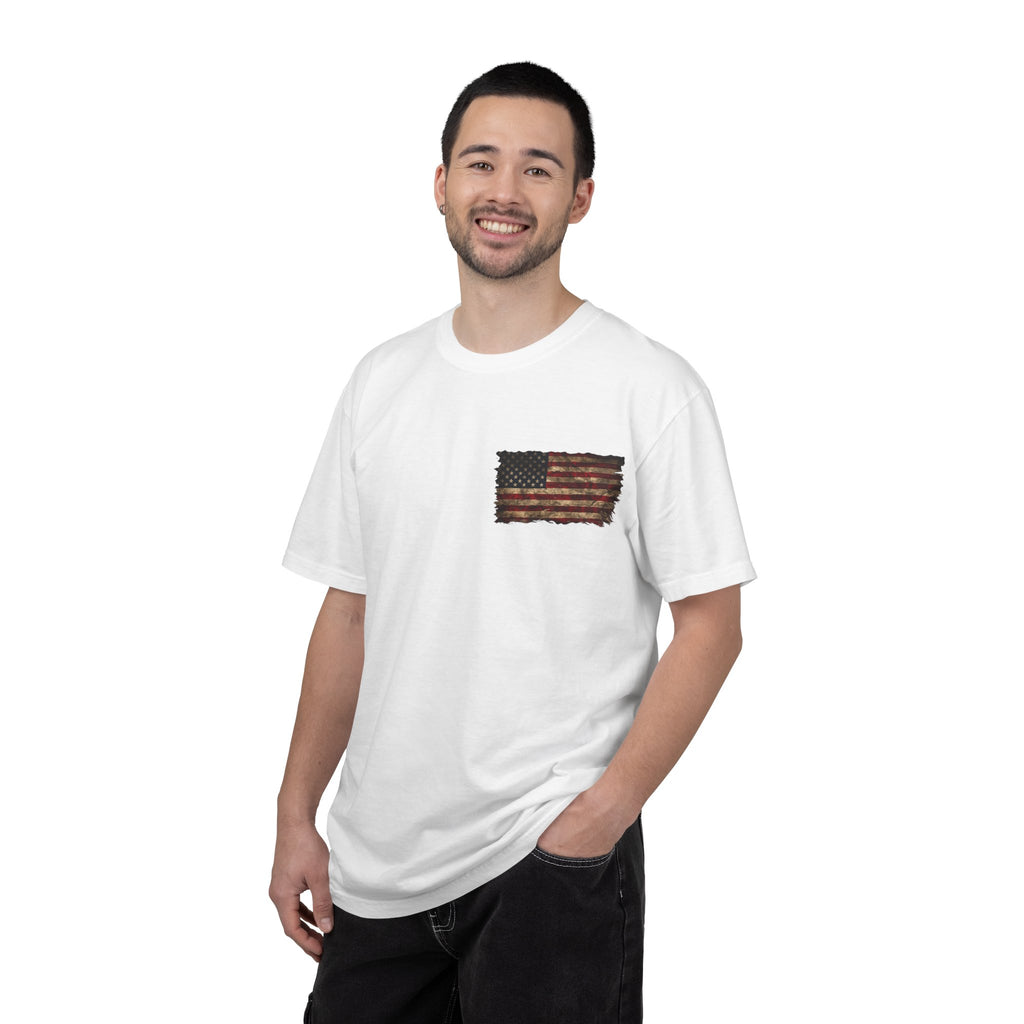 Veteran T-Shirt — Distressed Flag Left Chest & "My Oath Never Expired" Back