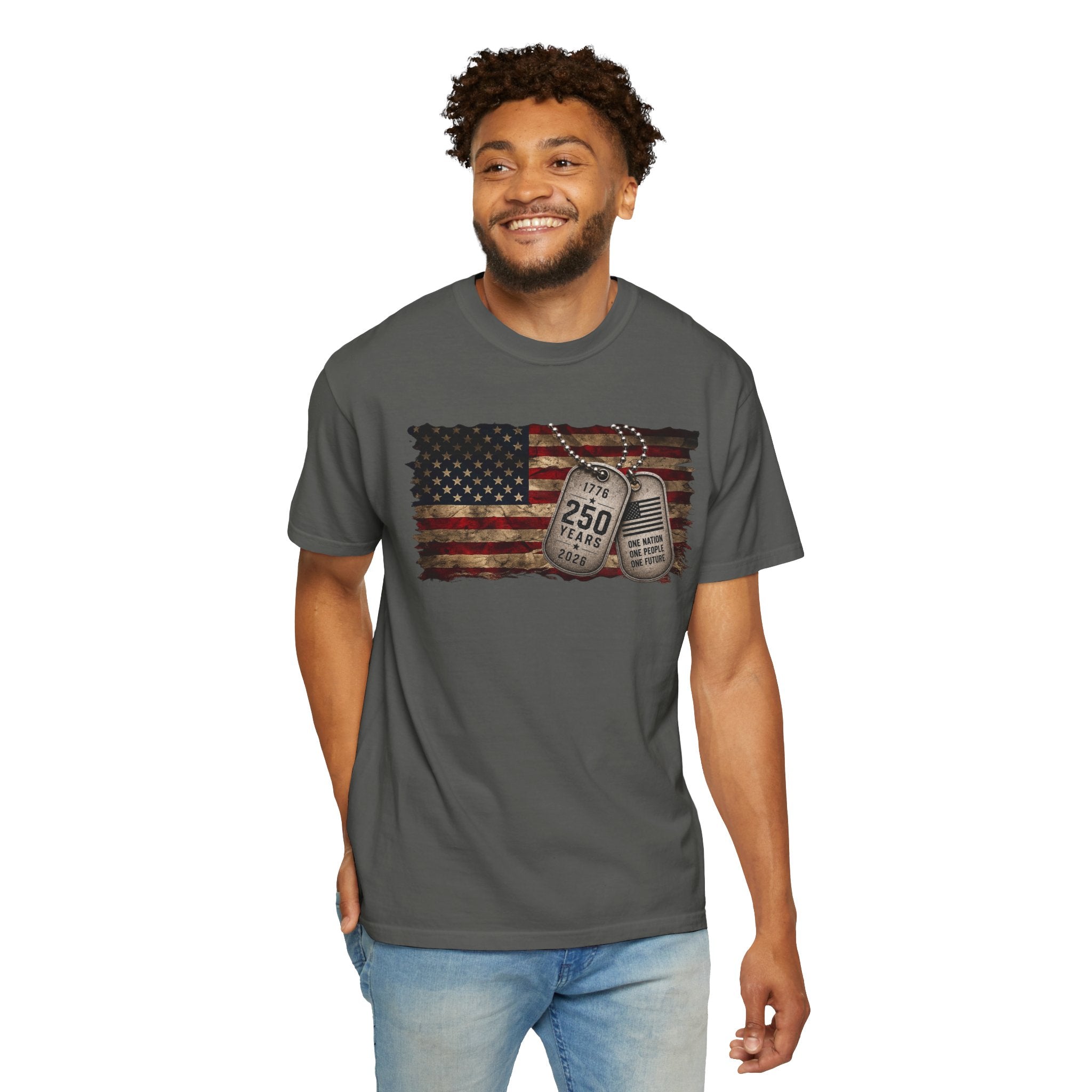 250 Years of Freedom Distressed Flag T-Shirt — One Nation, One People, One Future