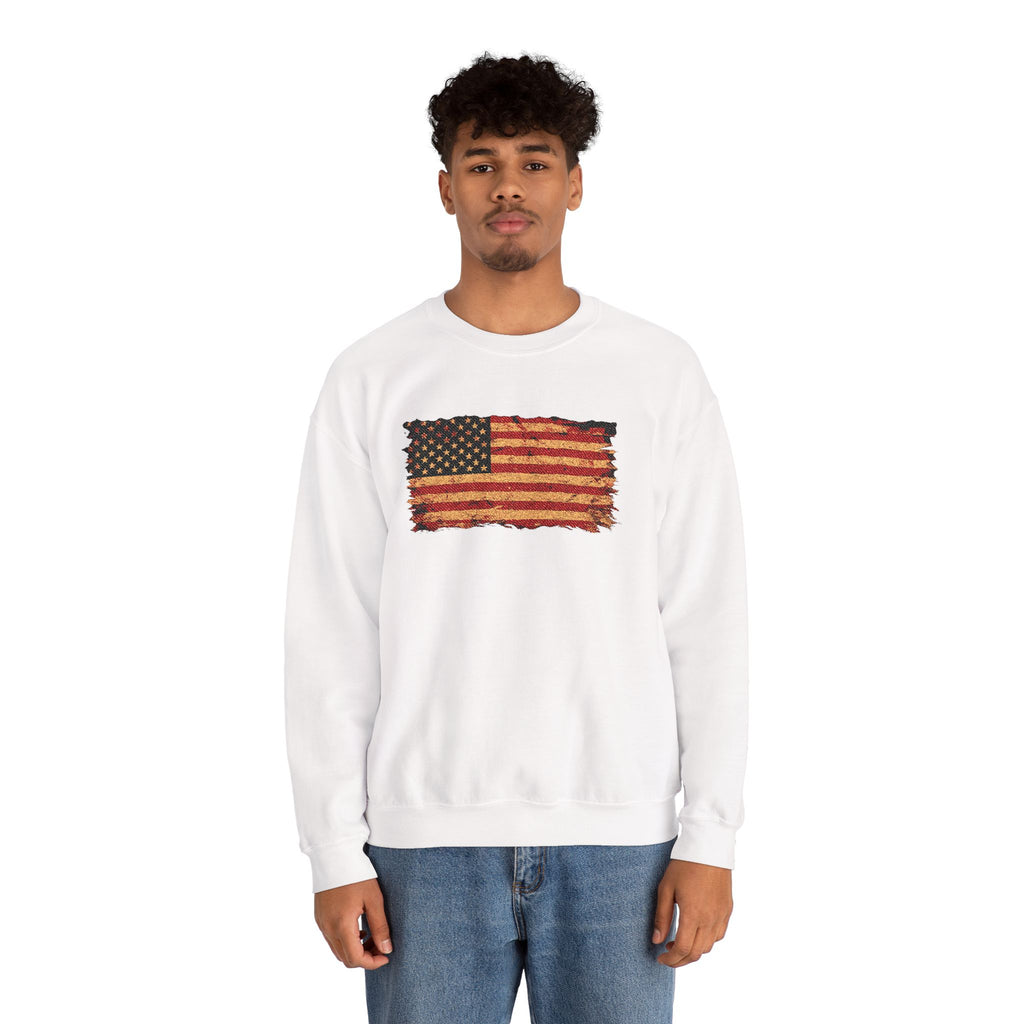 Distressed Flag Crewneck Sweatshirt — Embroidered Vintage American Flag Pullover