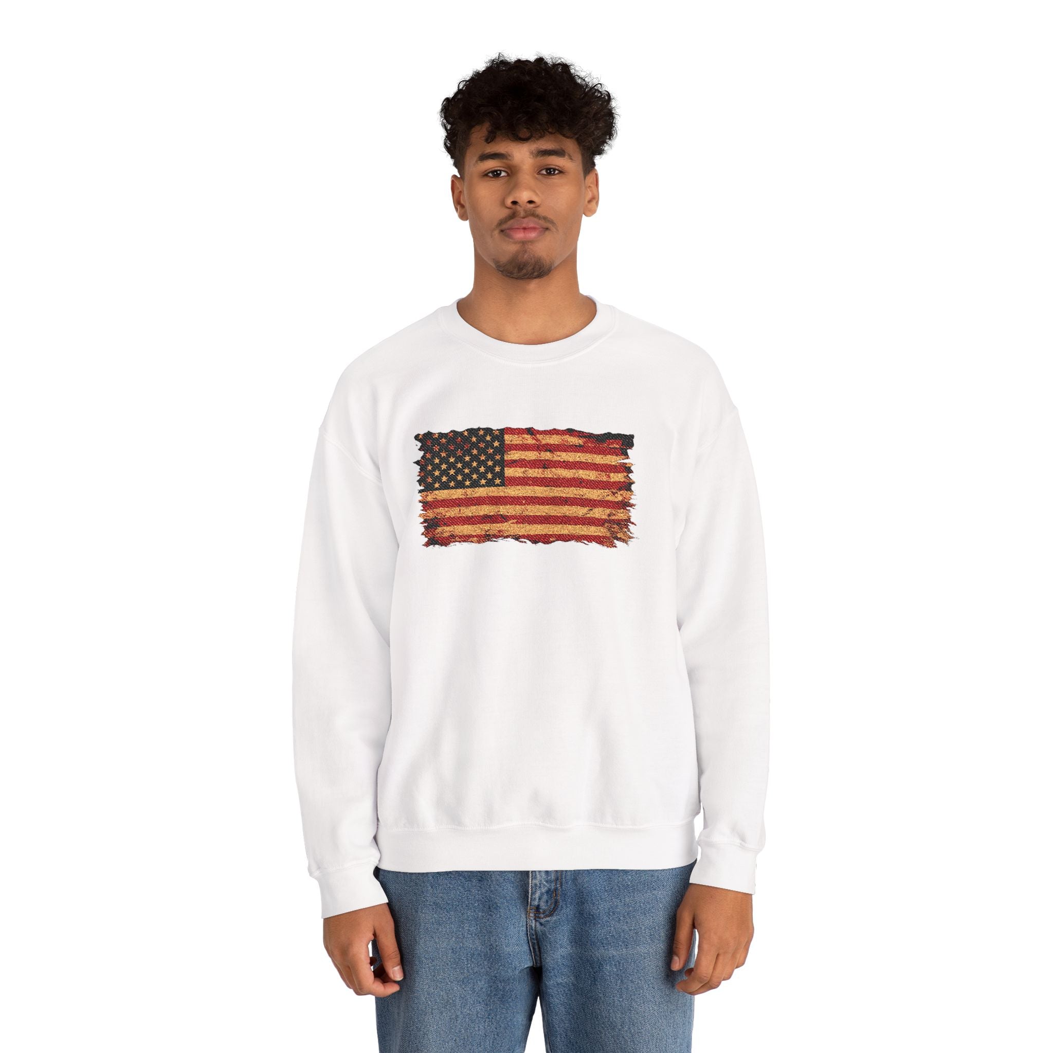 Distressed Flag Crewneck Sweatshirt — Embroidered Vintage American Flag Pullover