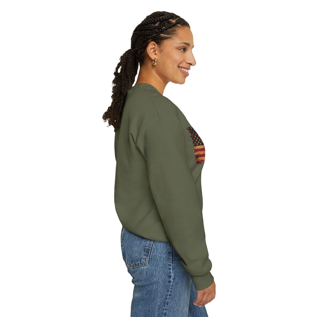 Distressed Flag Crewneck Sweatshirt — Embroidered Vintage American Flag Pullover