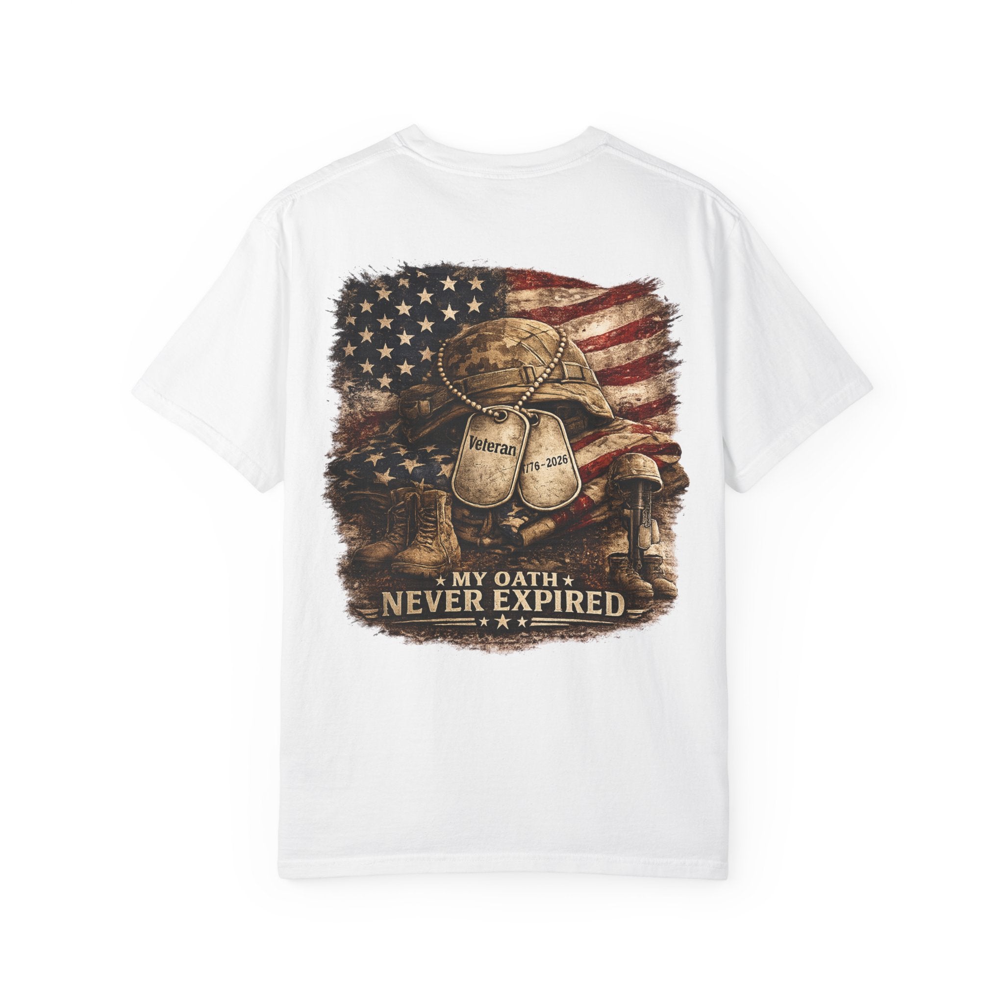 Veteran T-Shirt — Distressed Flag Left Chest & "My Oath Never Expired" Back