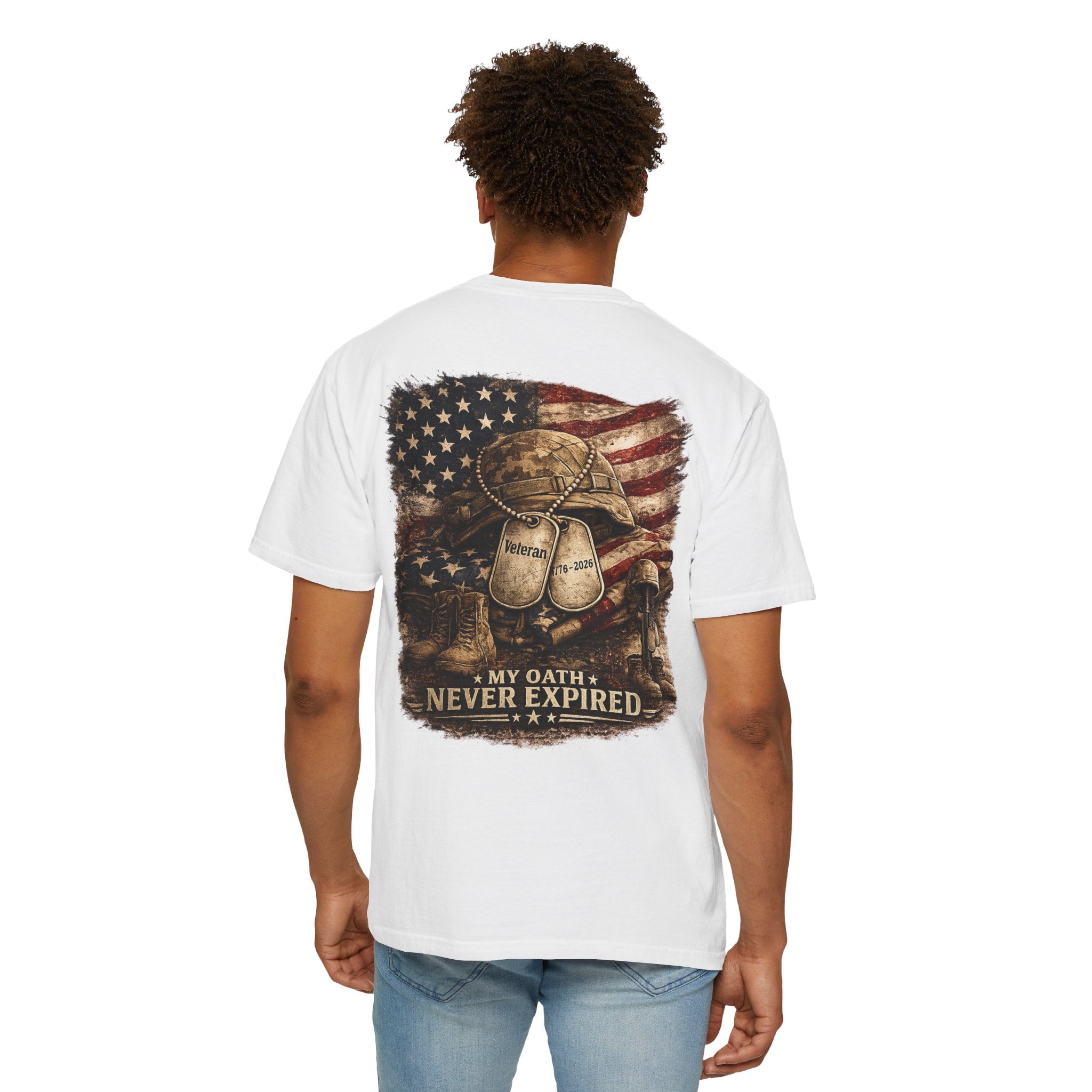 Veteran T-Shirt — Distressed Flag Left Chest & "My Oath Never Expired" Back