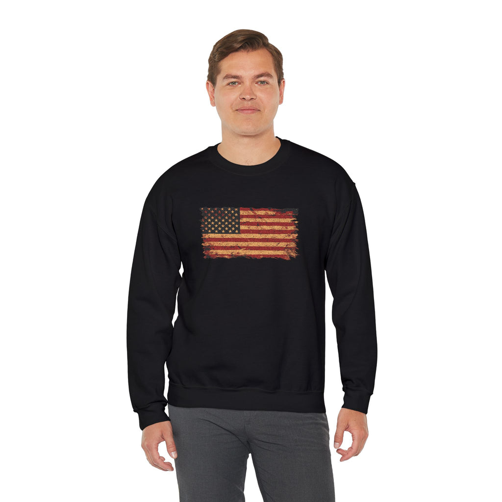 Distressed Flag Crewneck Sweatshirt — Embroidered Vintage American Flag Pullover