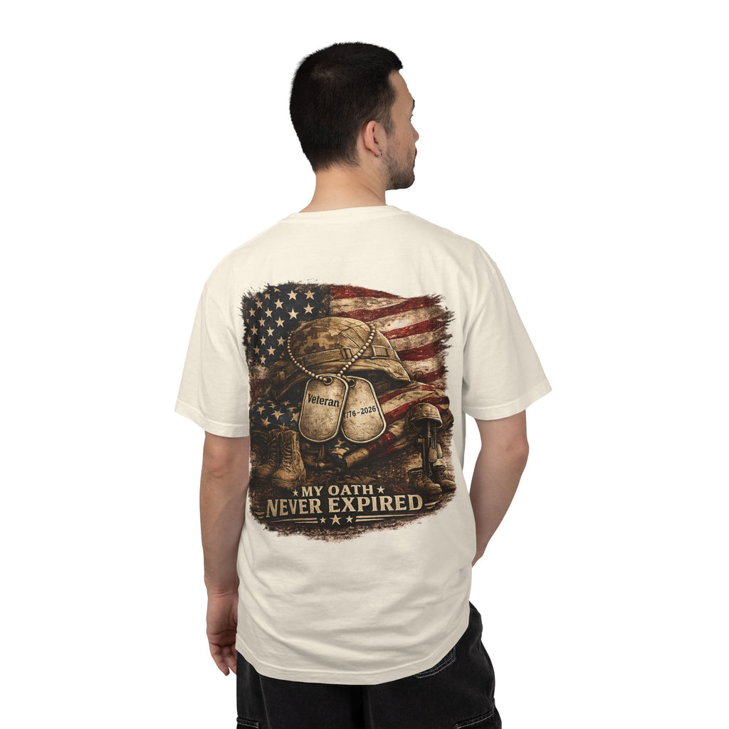 Veteran T-Shirt — Distressed Flag Left Chest & "My Oath Never Expired" Back