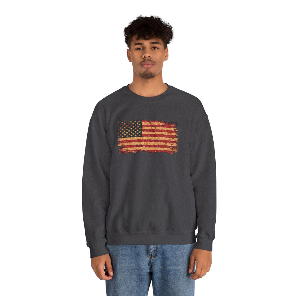 Distressed Flag Crewneck Sweatshirt — Embroidered Vintage American Flag Pullover