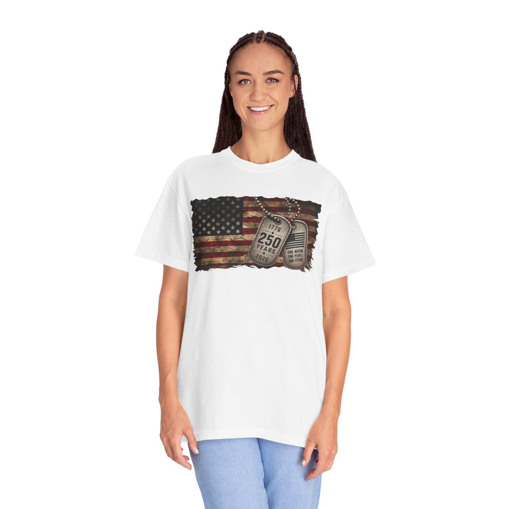250 Years of Freedom Distressed Flag T-Shirt — One Nation, One People, One Future
