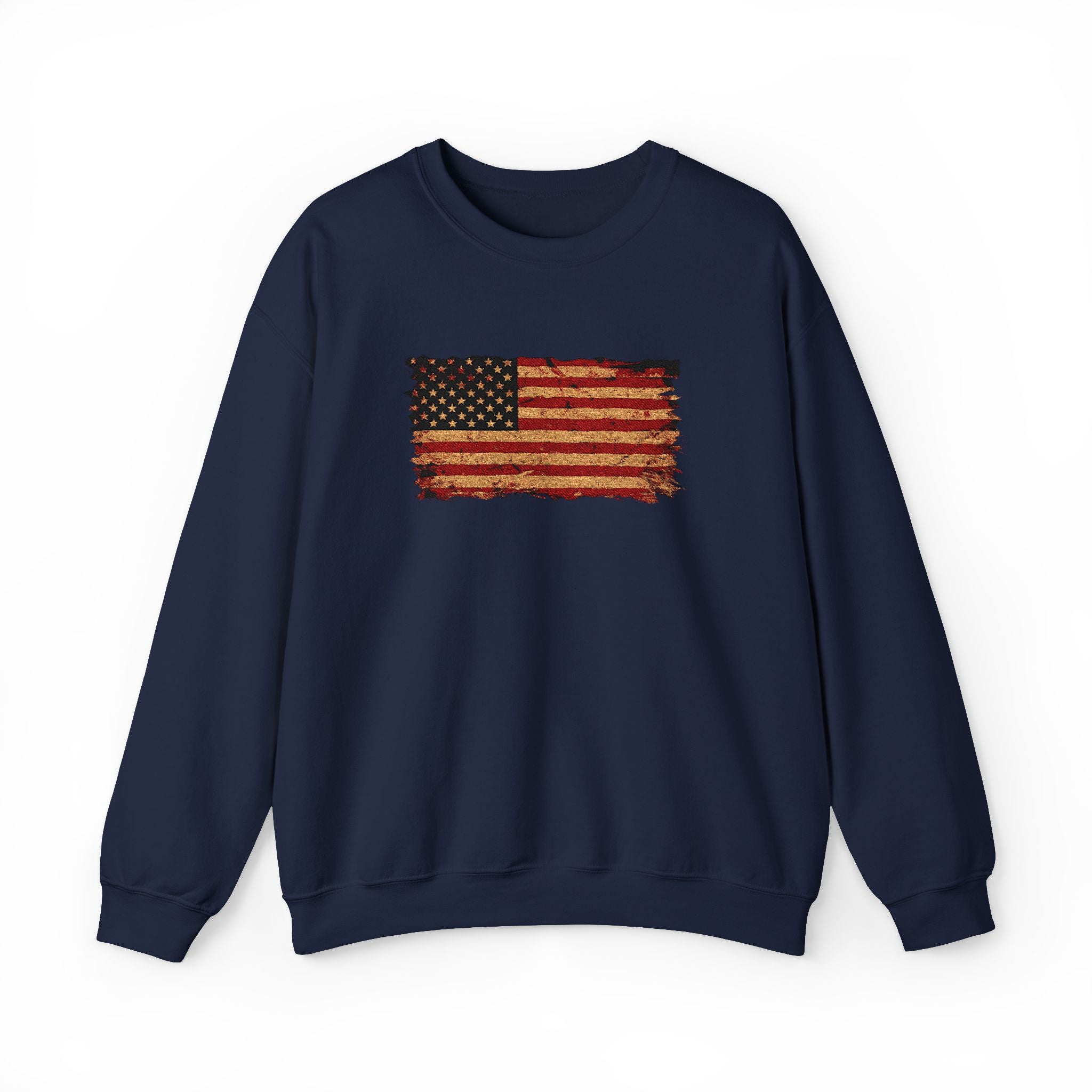 Distressed Flag Crewneck Sweatshirt — Embroidered Vintage American Flag Pullover