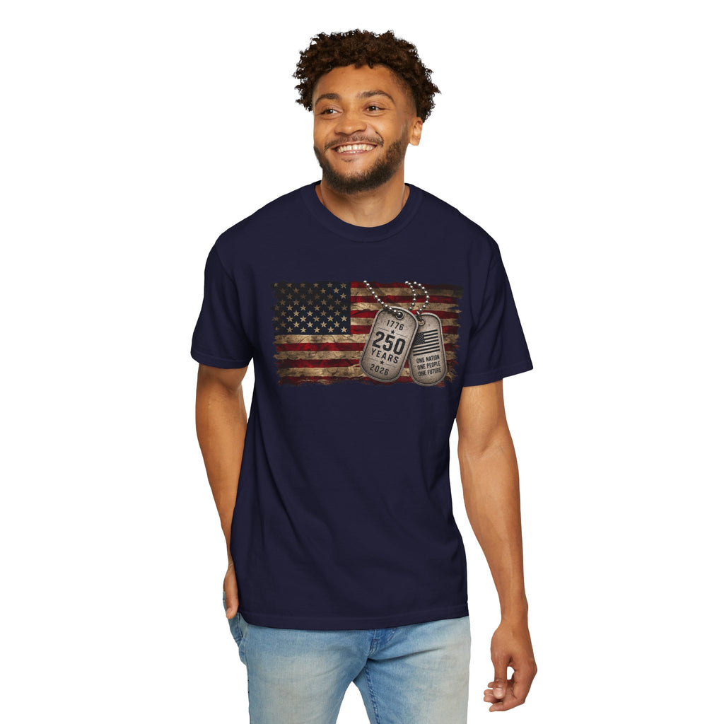 250 Years of Freedom Distressed Flag T-Shirt — One Nation, One People, One Future