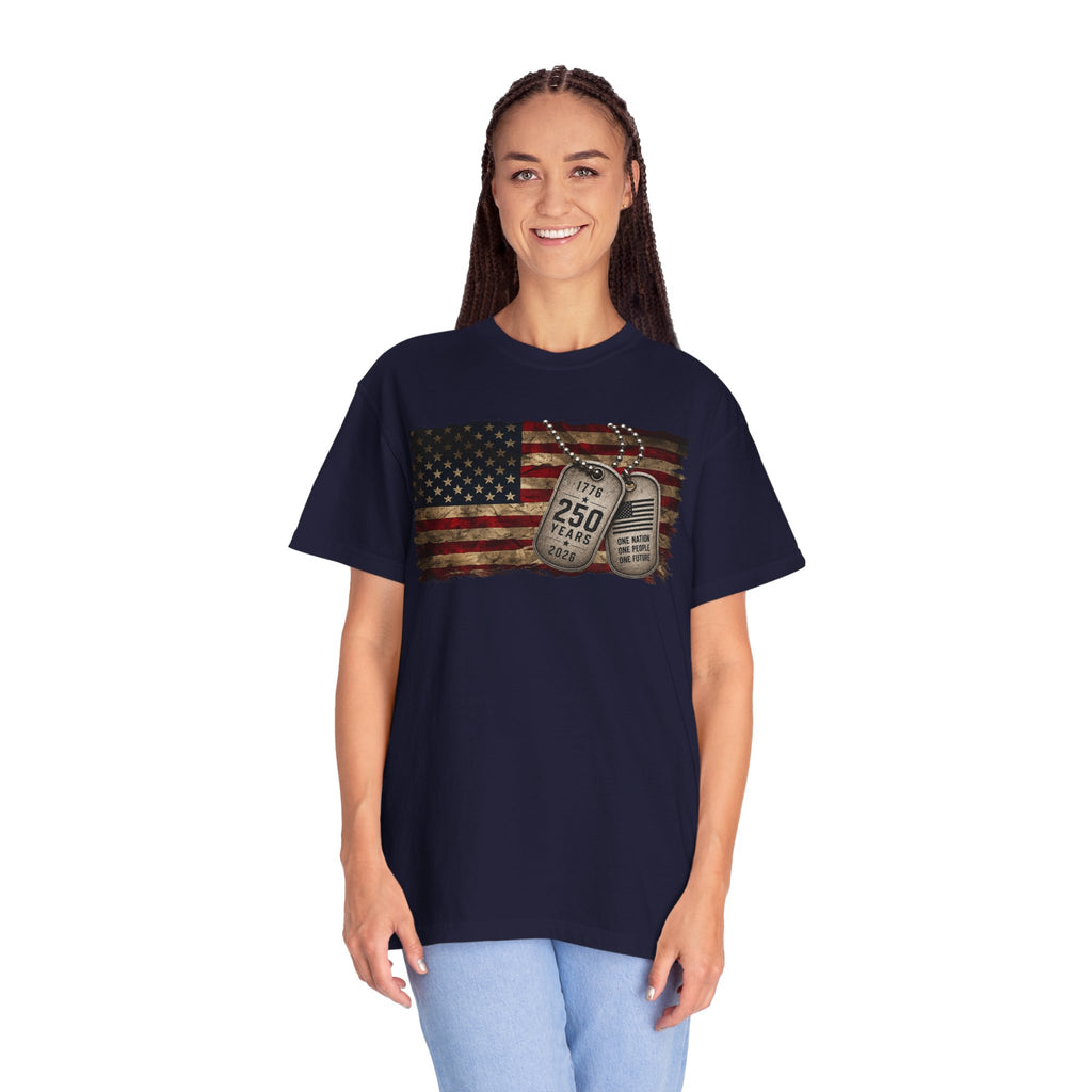 250 Years of Freedom Distressed Flag T-Shirt — One Nation, One People, One Future