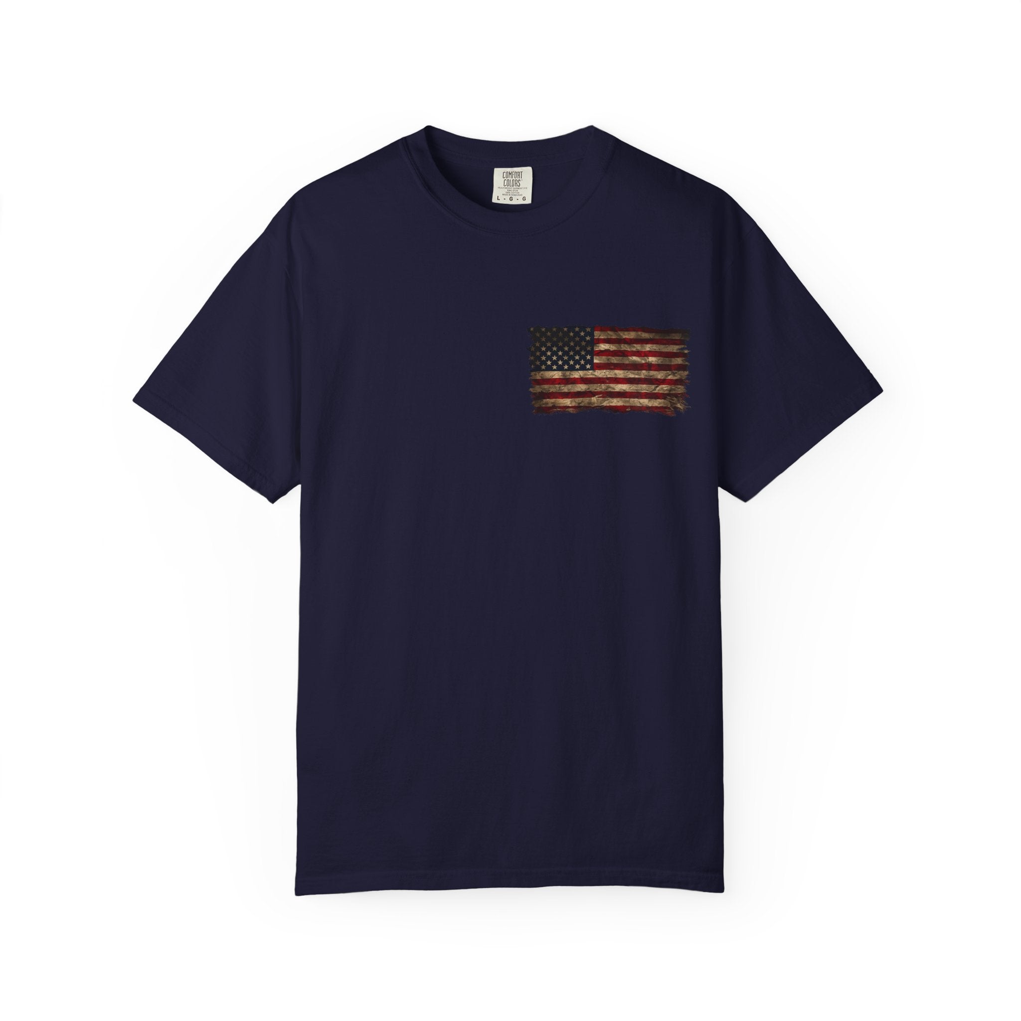 Veteran T-Shirt — Distressed Flag Left Chest & "My Oath Never Expired" Back