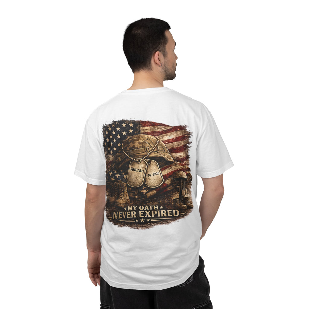 Veteran T-Shirt — Distressed Flag Left Chest & "My Oath Never Expired" Back