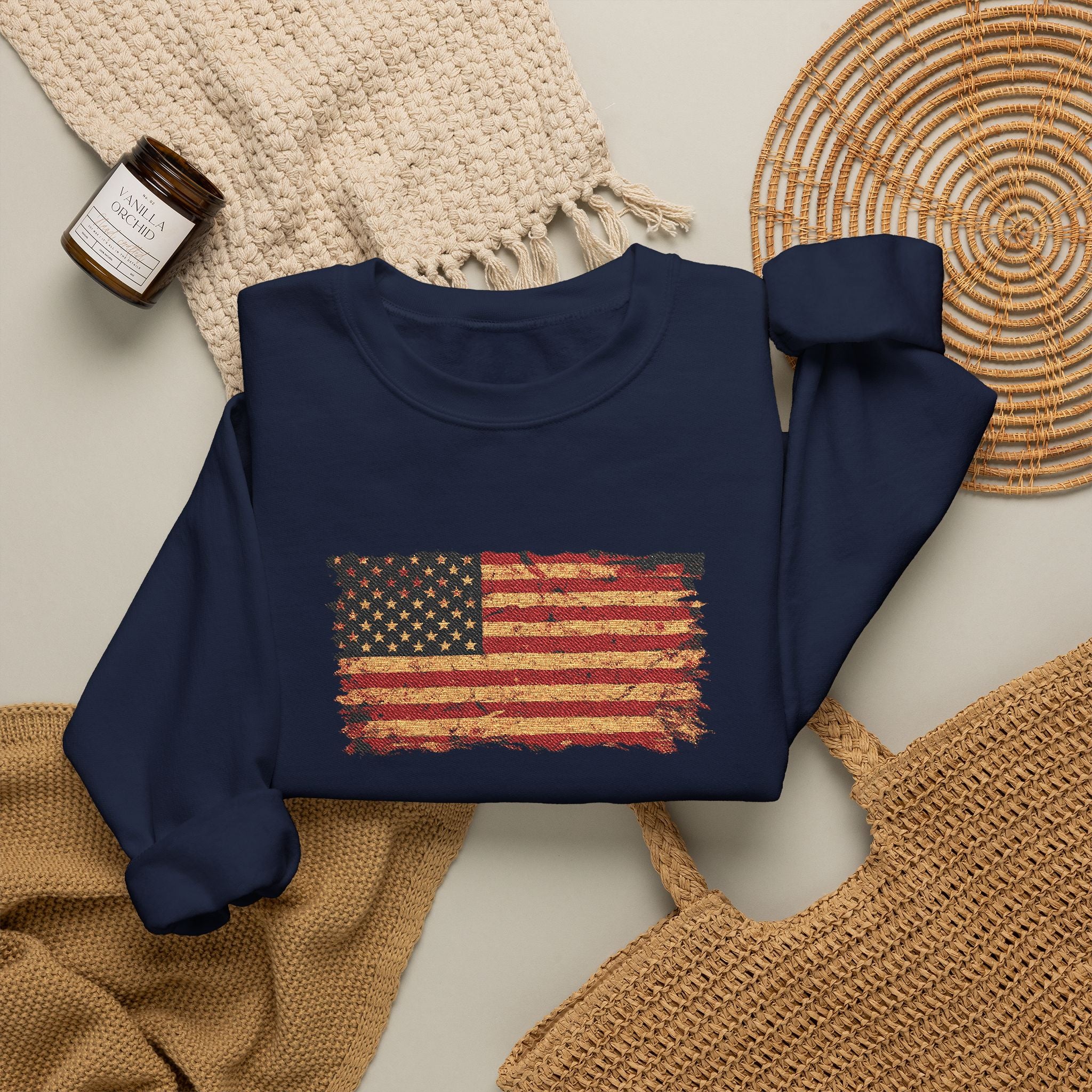 Distressed Flag Crewneck Sweatshirt — Embroidered Vintage American Flag Pullover