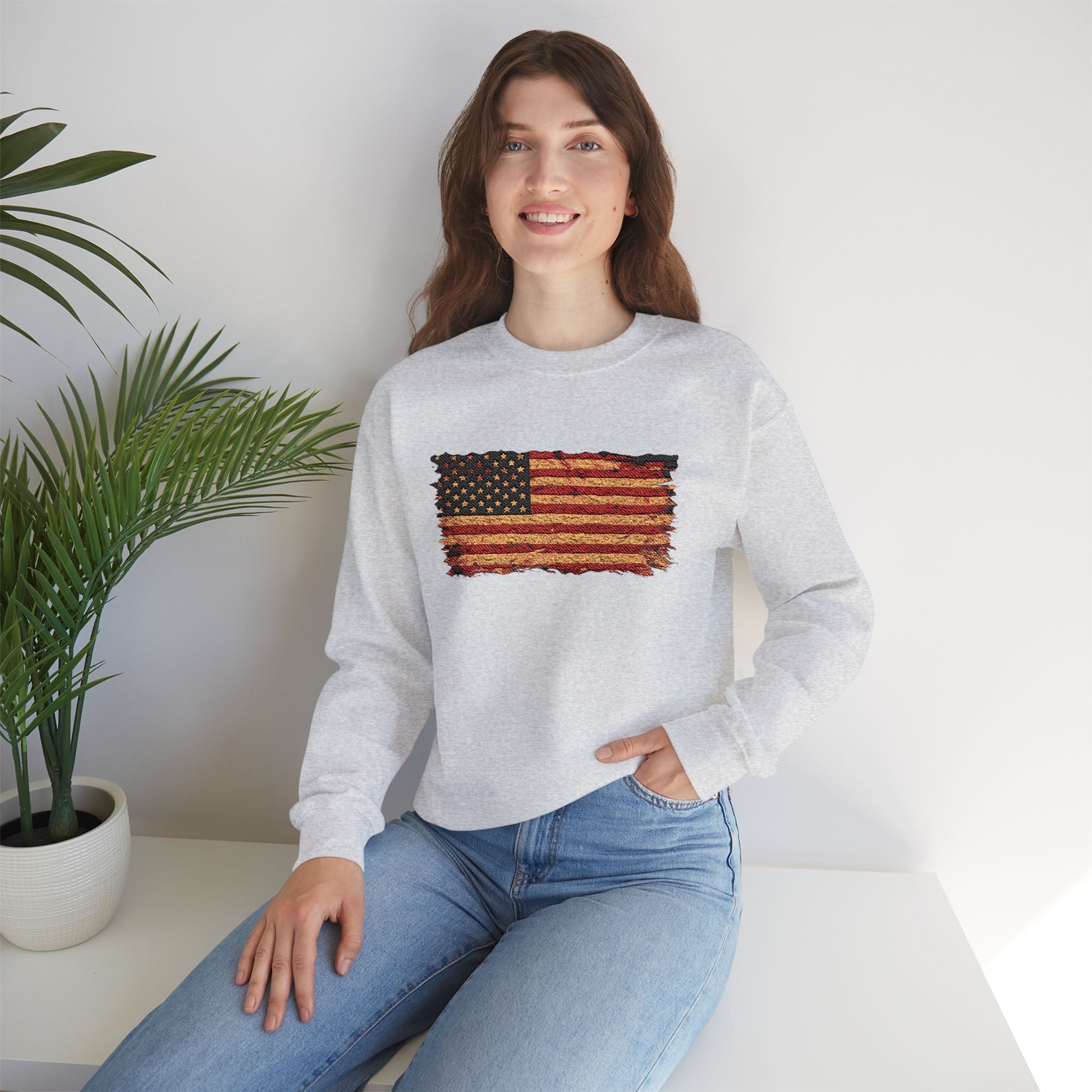 Distressed Flag Crewneck Sweatshirt — Embroidered Vintage American Flag Pullover