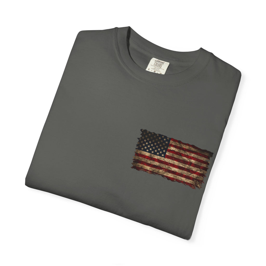 Veteran T-Shirt — Distressed Flag Left Chest & "My Oath Never Expired" Back
