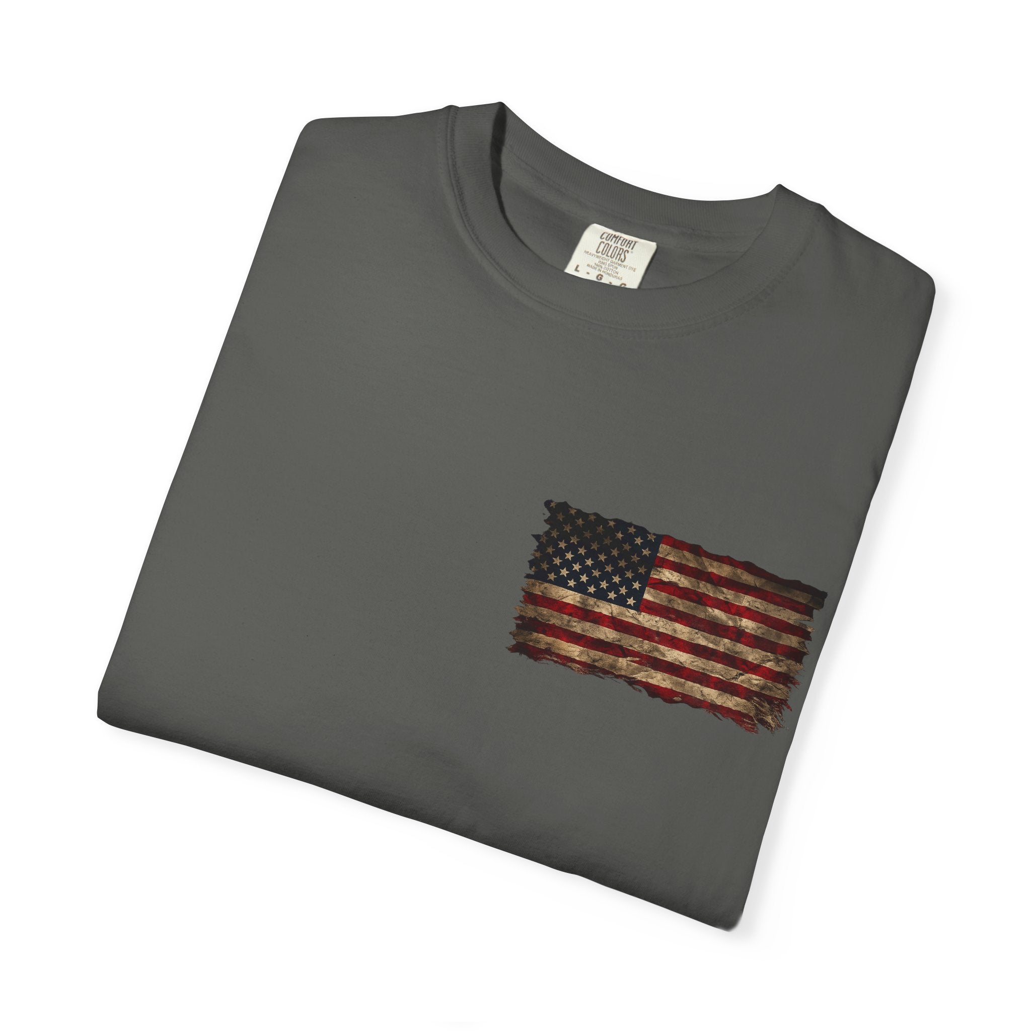 Veteran T-Shirt — Distressed Flag Left Chest & "My Oath Never Expired" Back