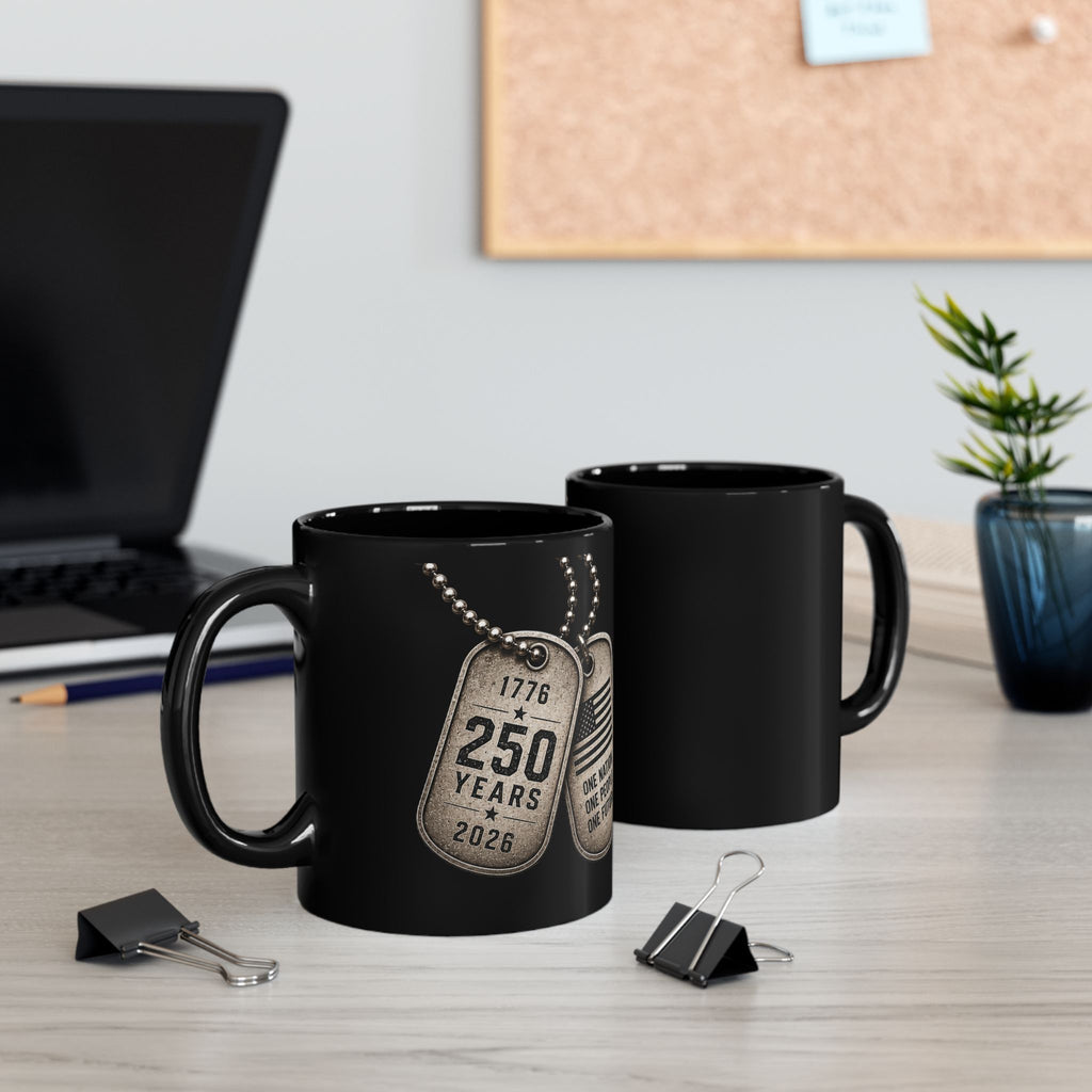 Patriotic Dog Tag Mug — "250 Years of Freedom 1776–2026" Black Coffee Mug