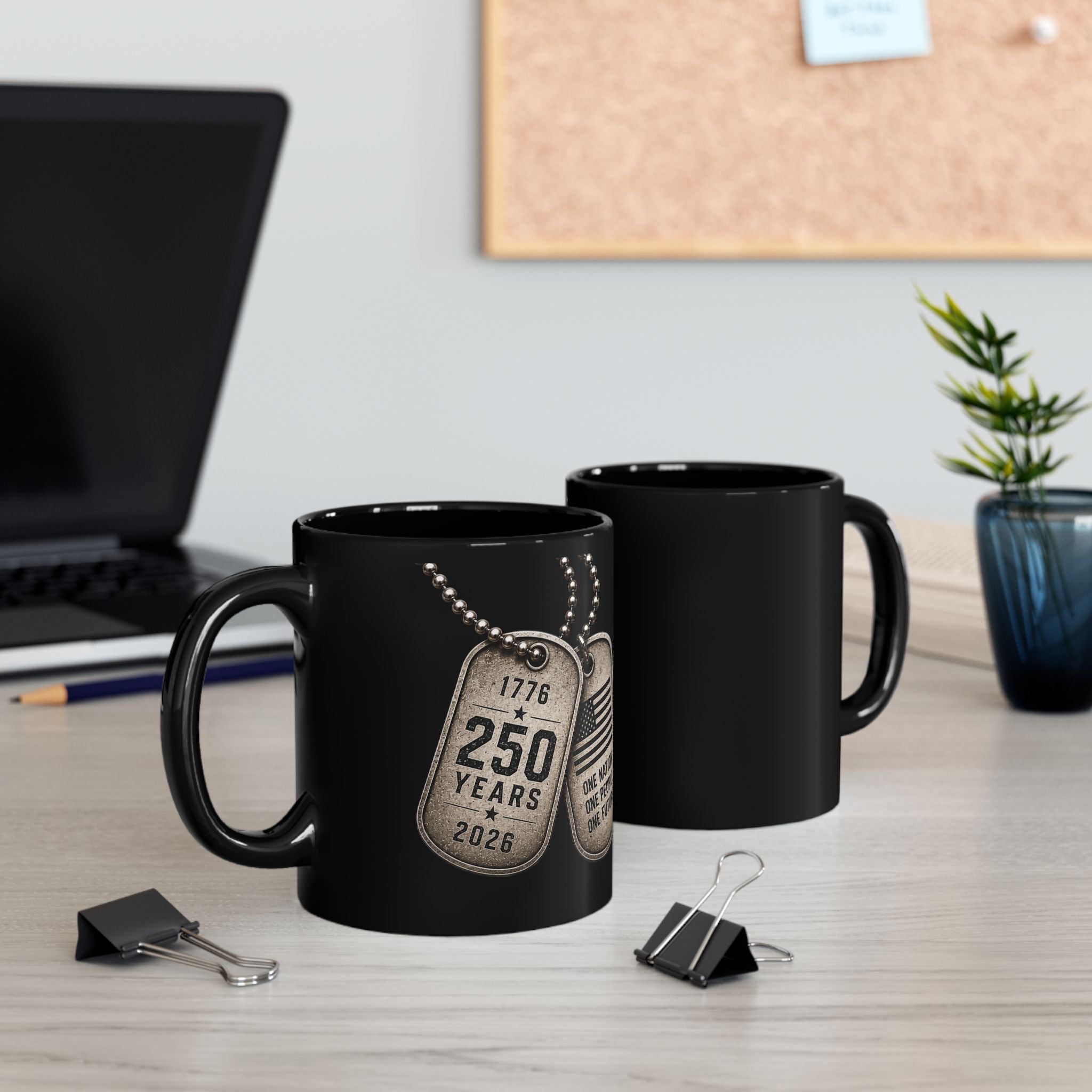 Patriotic Dog Tag Mug — "250 Years of Freedom 1776–2026" Black Coffee Mug