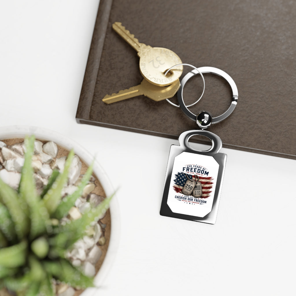 Freedom 250 Metal Keyring — American Flag Rectangle Photo Keychain