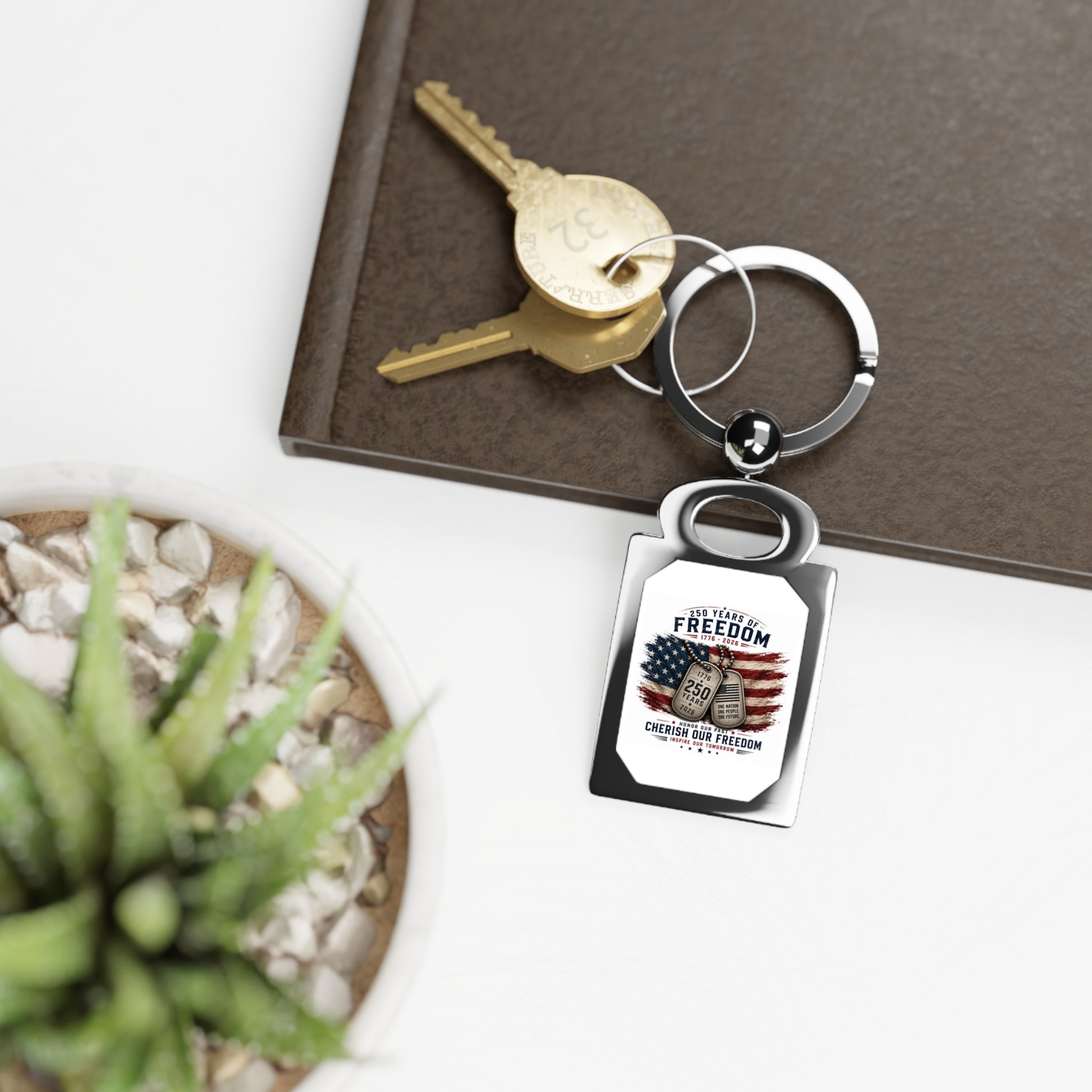 Freedom 250 Metal Keyring — American Flag Rectangle Photo Keychain
