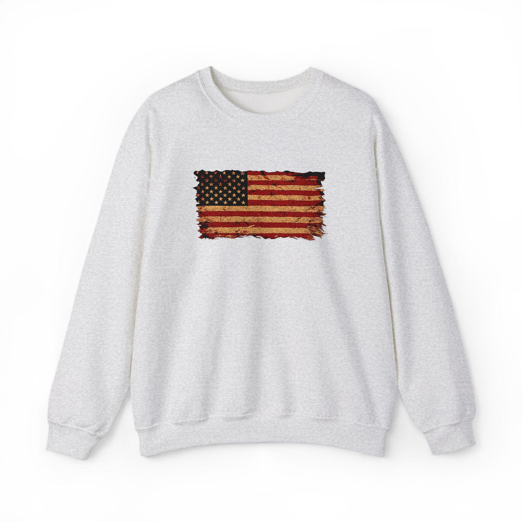 Distressed Flag Crewneck Sweatshirt — Embroidered Vintage American Flag Pullover