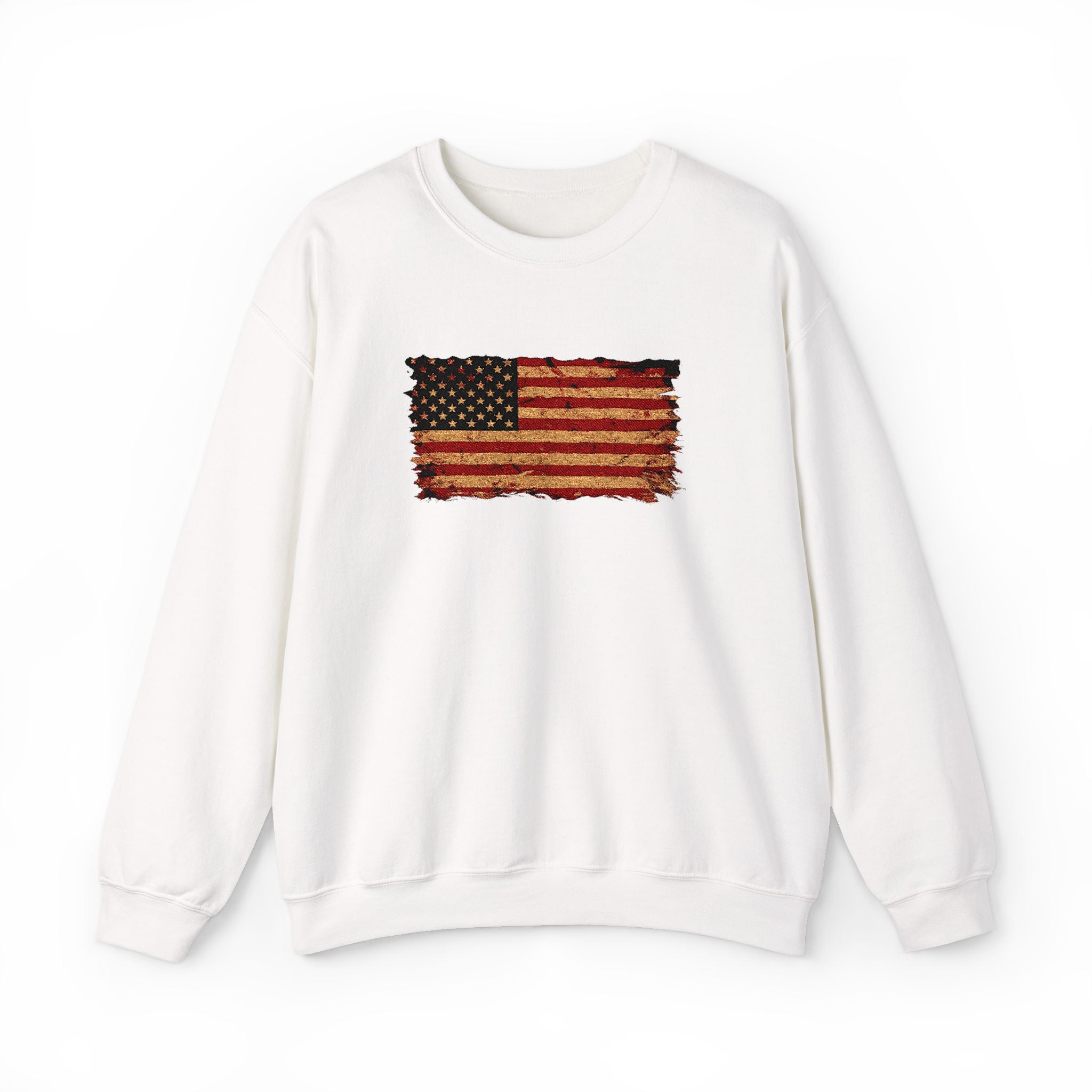Distressed Flag Crewneck Sweatshirt — Embroidered Vintage American Flag Pullover