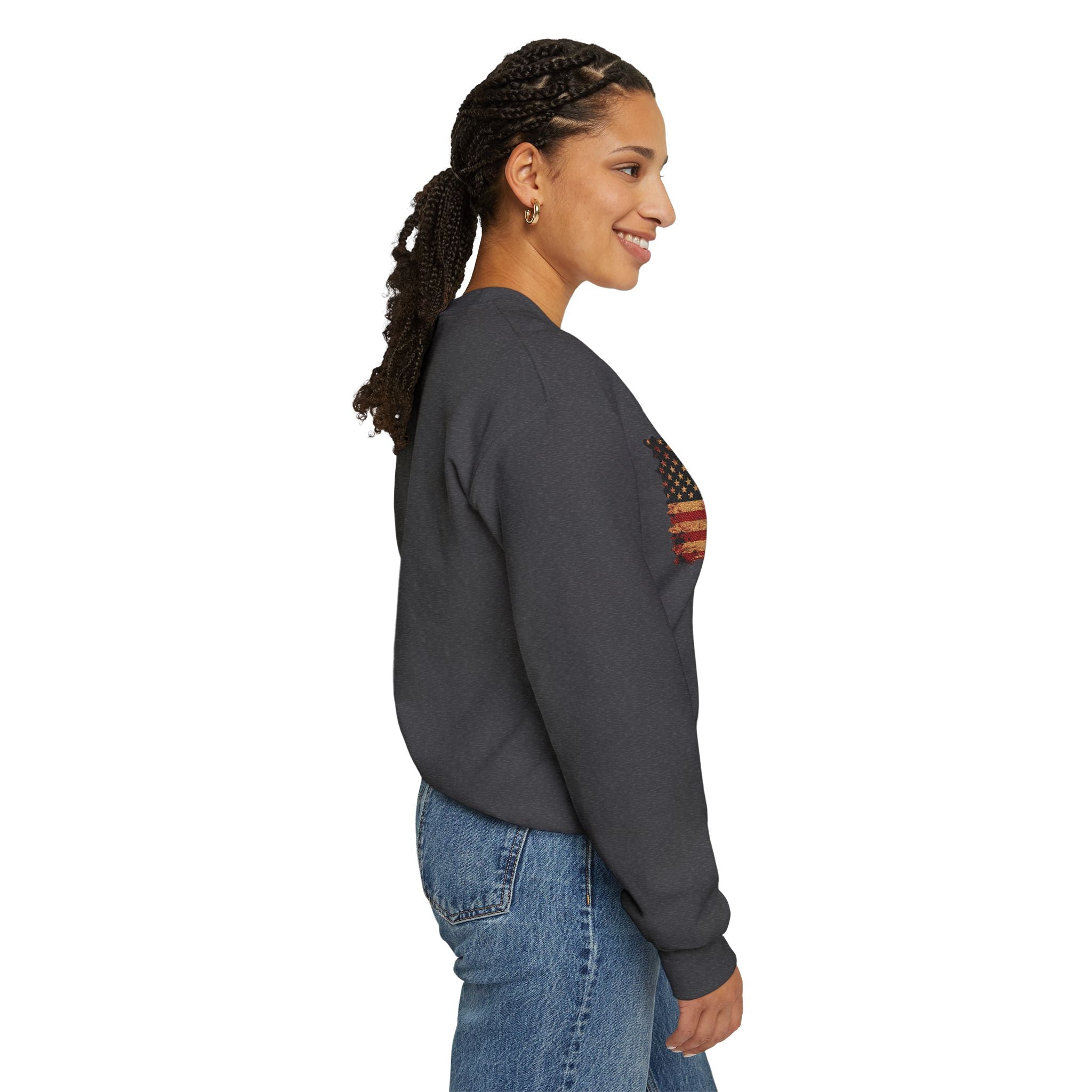 Distressed Flag Crewneck Sweatshirt — Embroidered Vintage American Flag Pullover