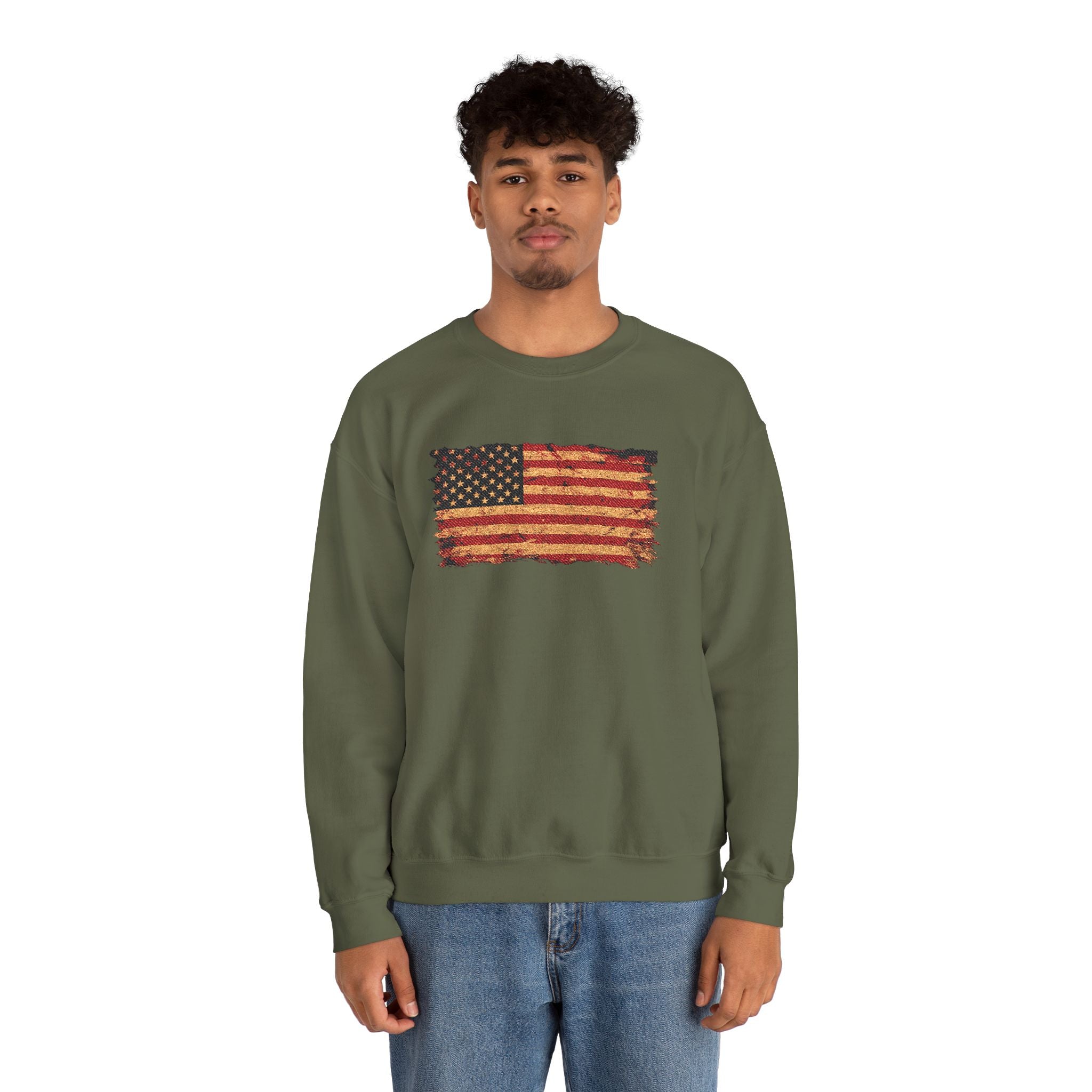 Distressed Flag Crewneck Sweatshirt — Embroidered Vintage American Flag Pullover