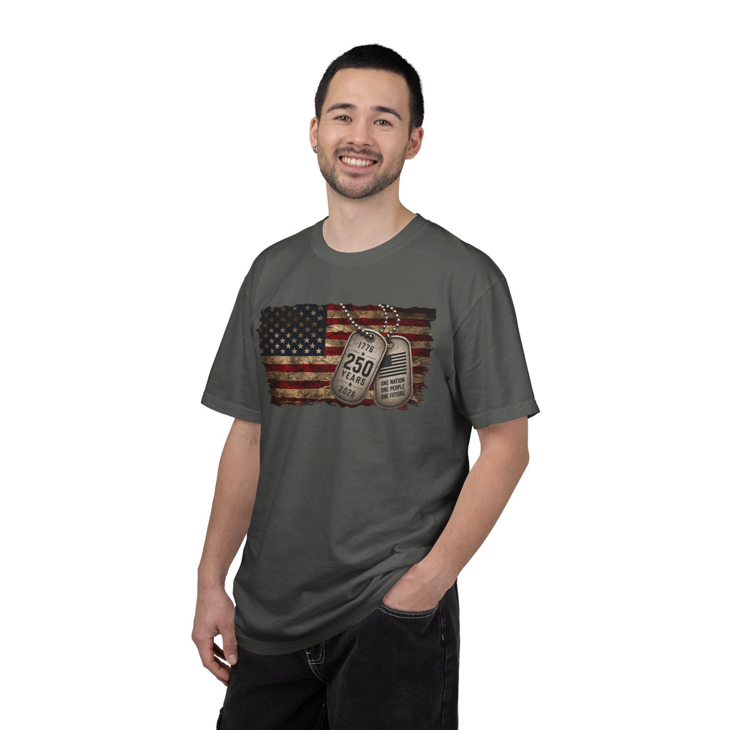 250 Years of Freedom Distressed Flag T-Shirt — One Nation, One People, One Future