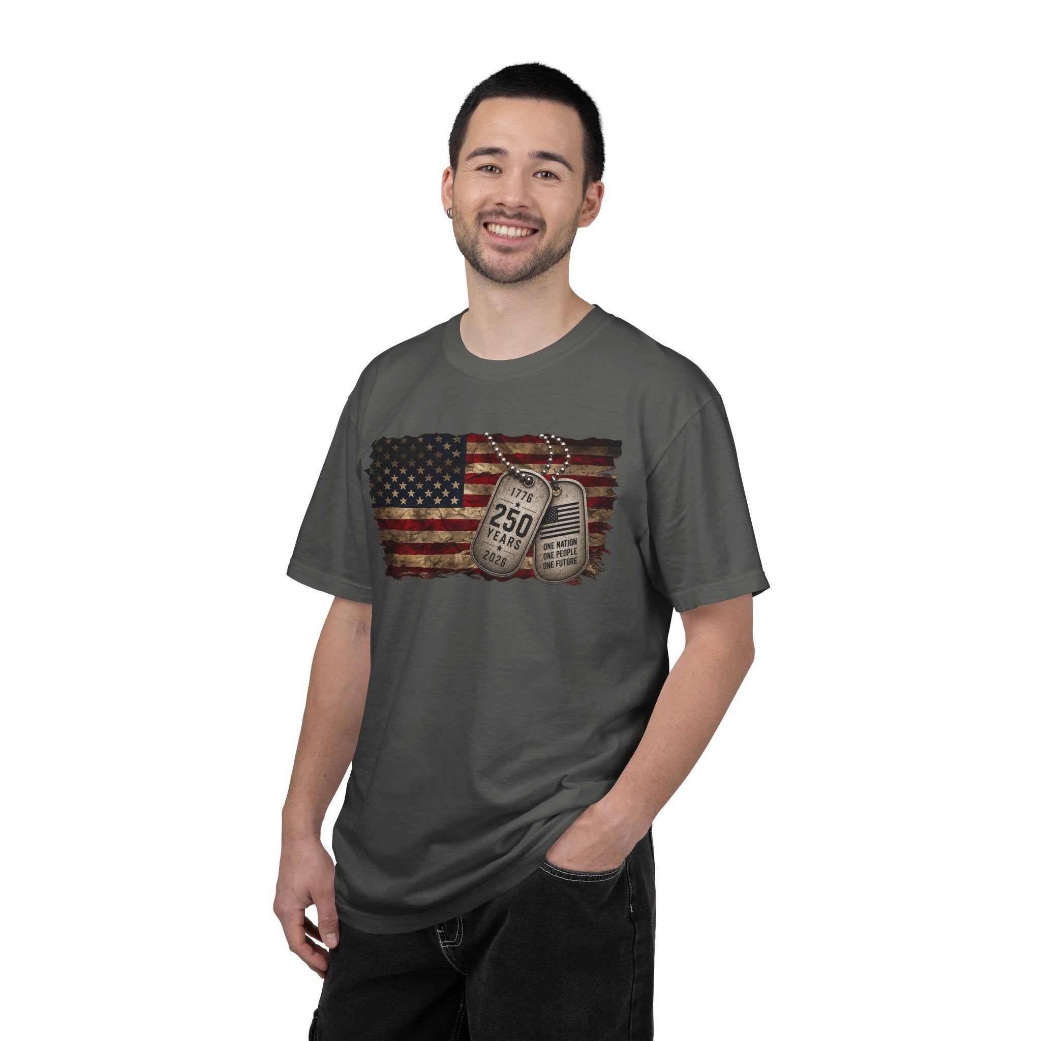 250 Years of Freedom Distressed Flag T-Shirt — One Nation, One People, One Future