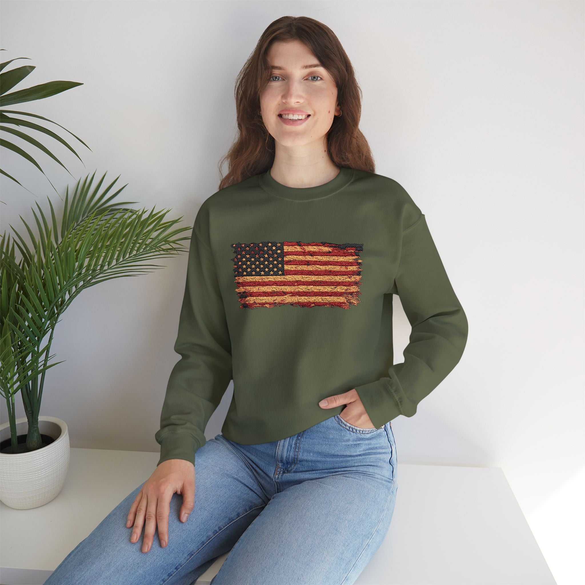 Distressed Flag Crewneck Sweatshirt — Embroidered Vintage American Flag Pullover
