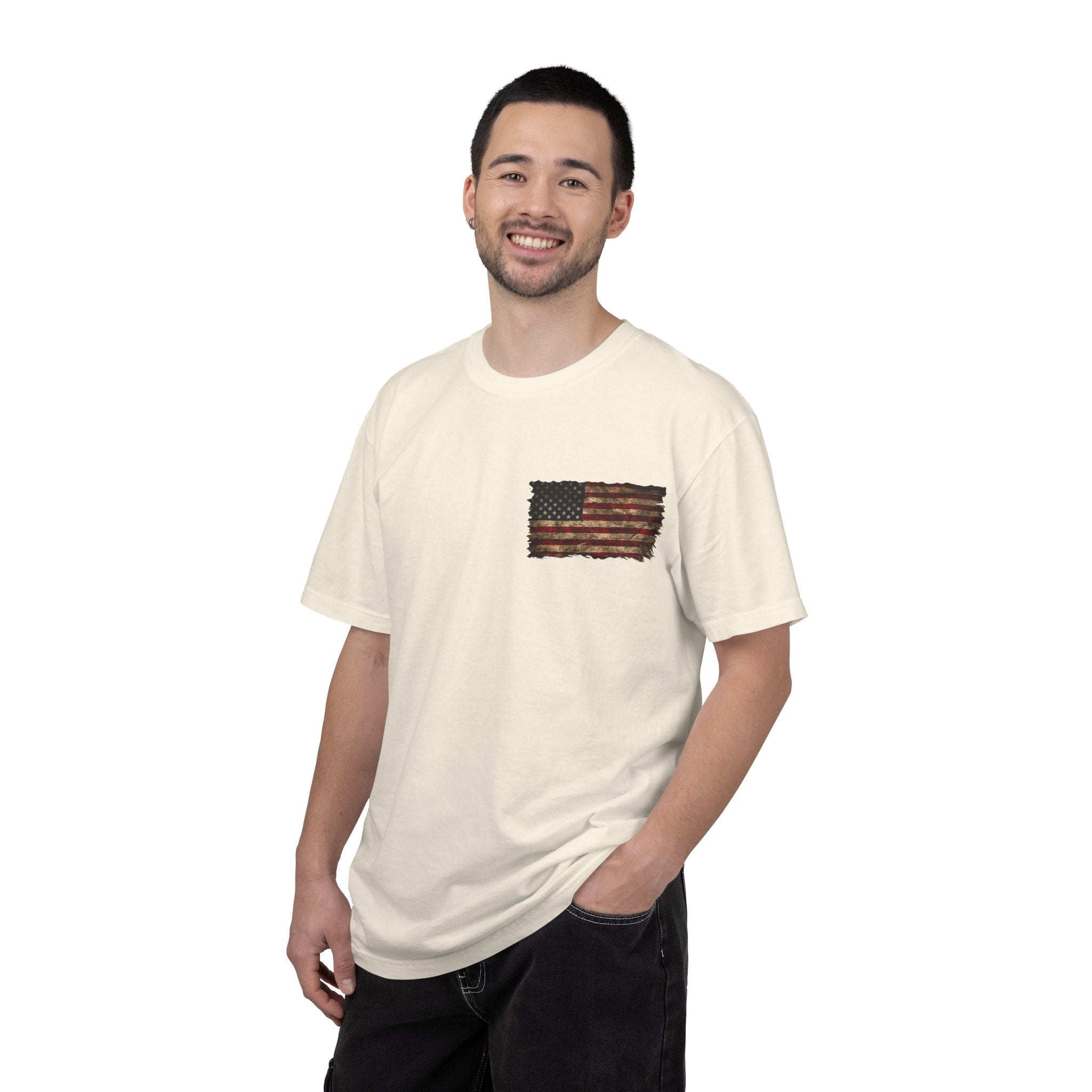 Veteran T-Shirt — Distressed Flag Left Chest & "My Oath Never Expired" Back