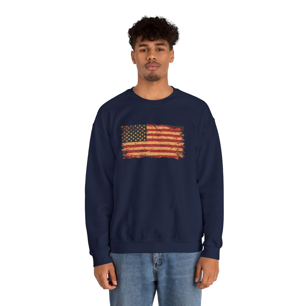 Distressed Flag Crewneck Sweatshirt — Embroidered Vintage American Flag Pullover