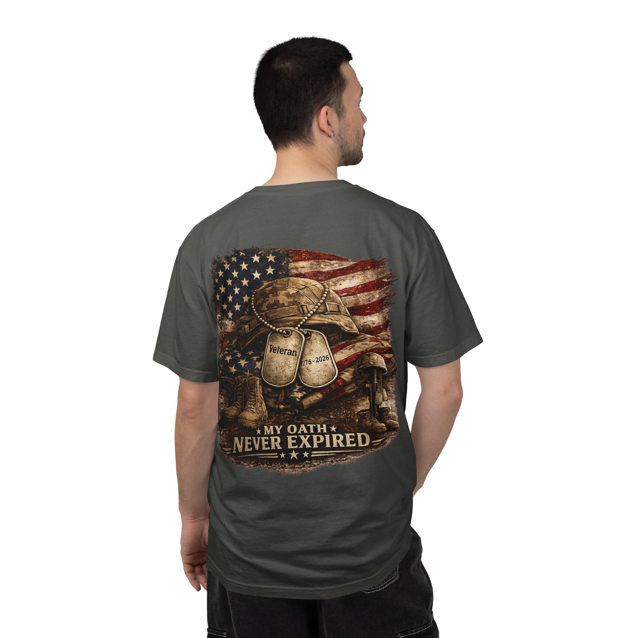 Veteran T-Shirt — Distressed Flag Left Chest & "My Oath Never Expired" Back