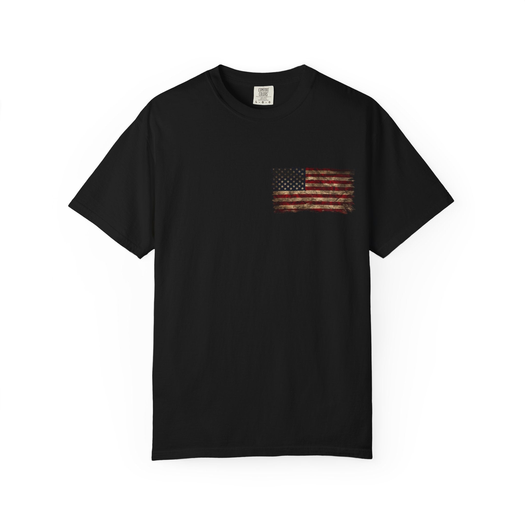Veteran T-Shirt — Distressed Flag Left Chest & "My Oath Never Expired" Back