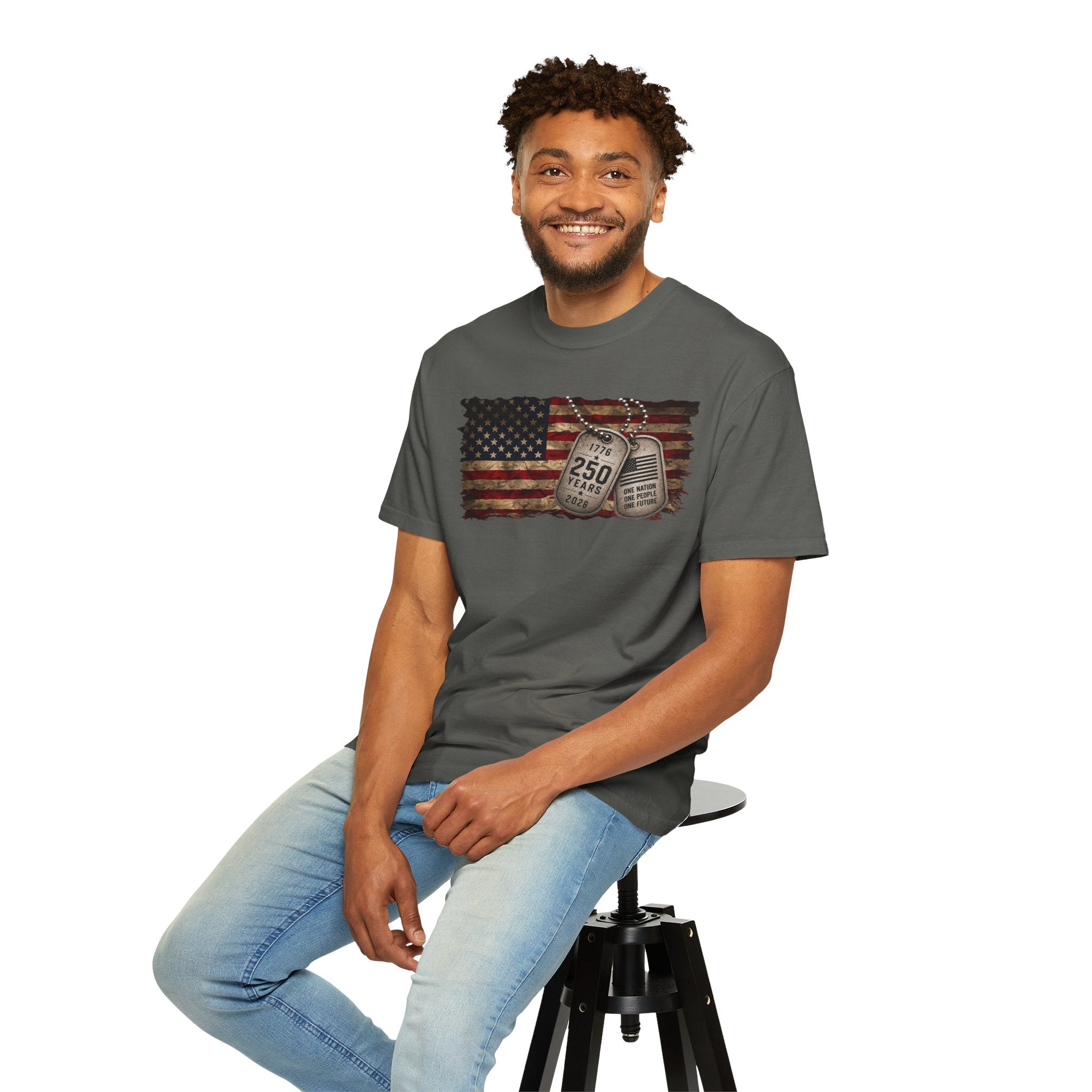 250 Years of Freedom Distressed Flag T-Shirt — One Nation, One People, One Future