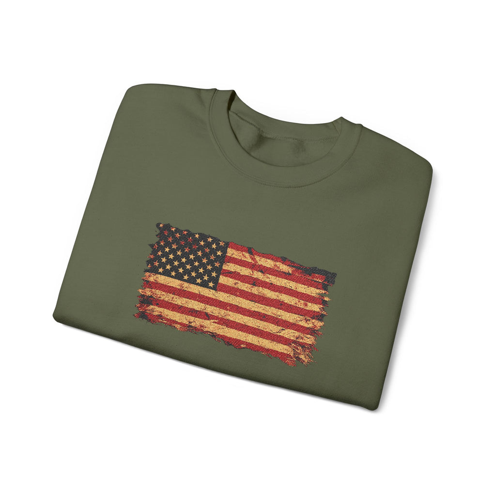 Distressed Flag Crewneck Sweatshirt — Embroidered Vintage American Flag Pullover